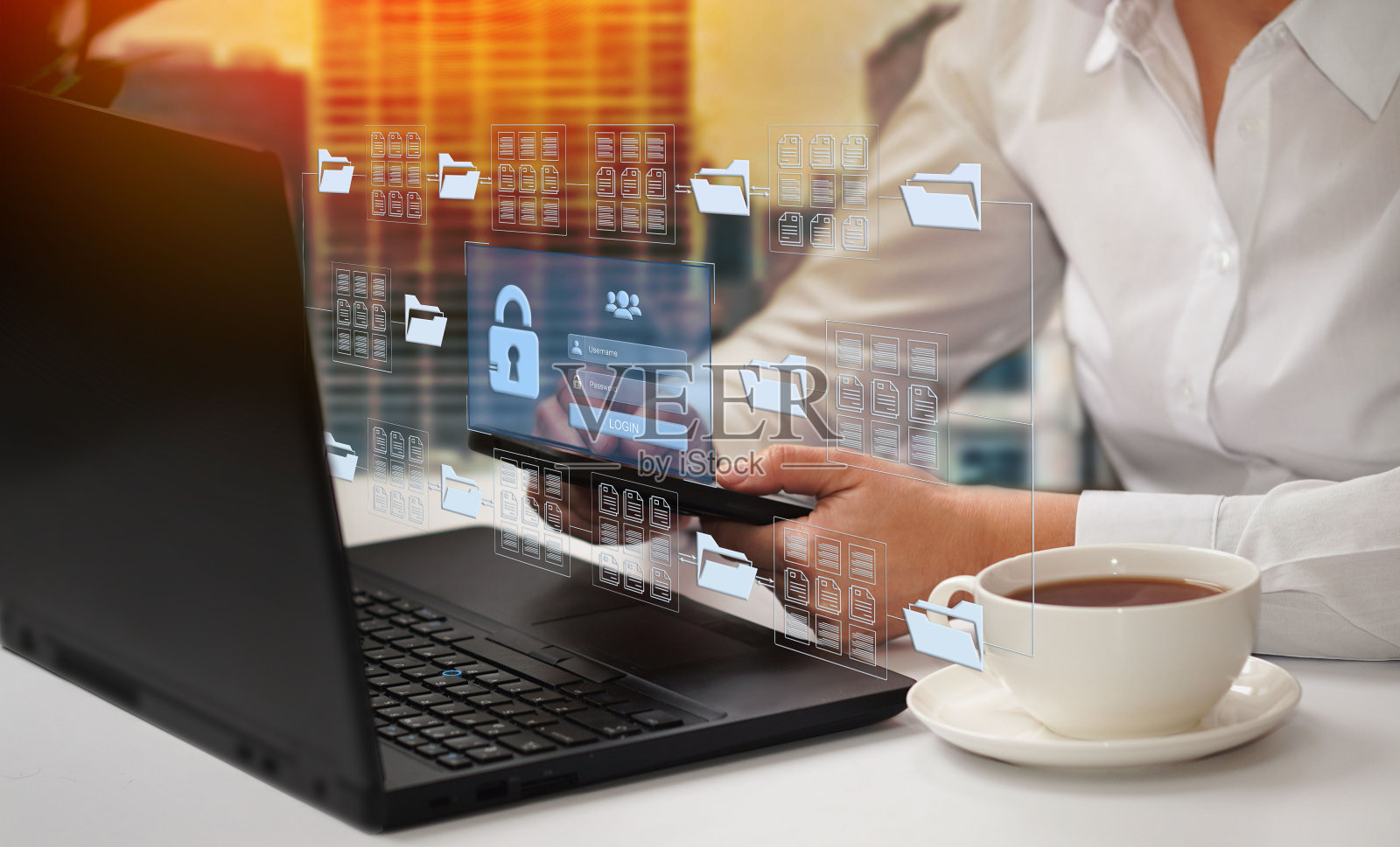 在线文档数据库。人工智能文档管理系统DMS概念。数据保护，网络安全理念。互联网云技术，交换信息和数据存储概念照片摄影图片