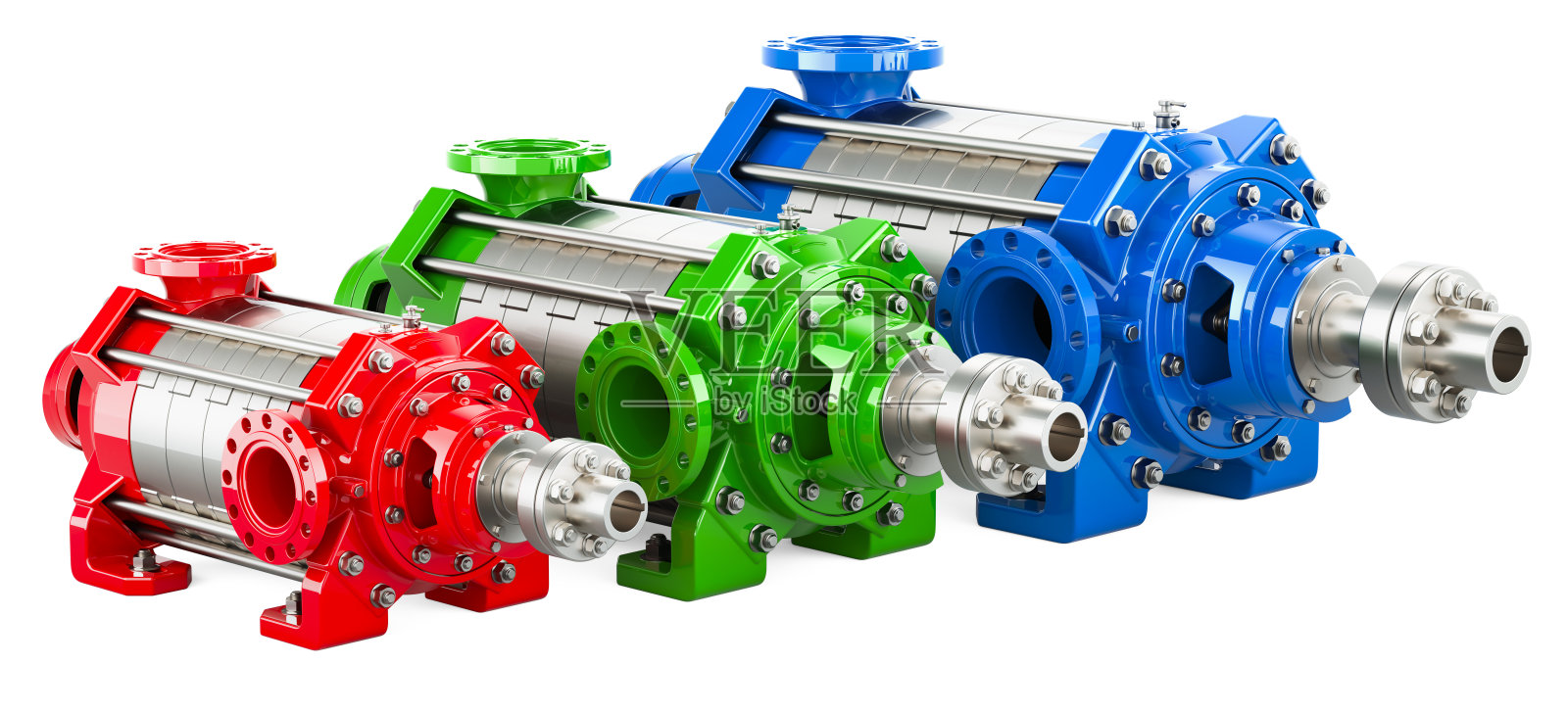 不同功率的彩色卧式多级离心泵，3D渲染照片摄影图片