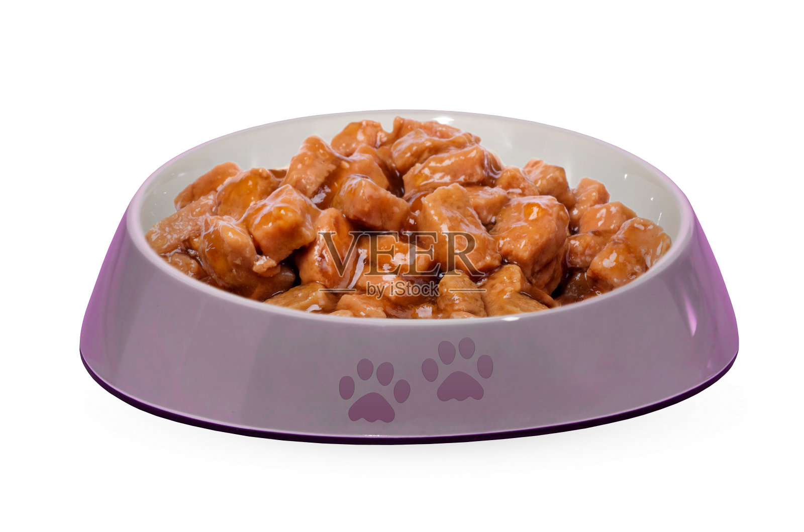 宠物碗与湿食物隔离在白色背景。照片摄影图片