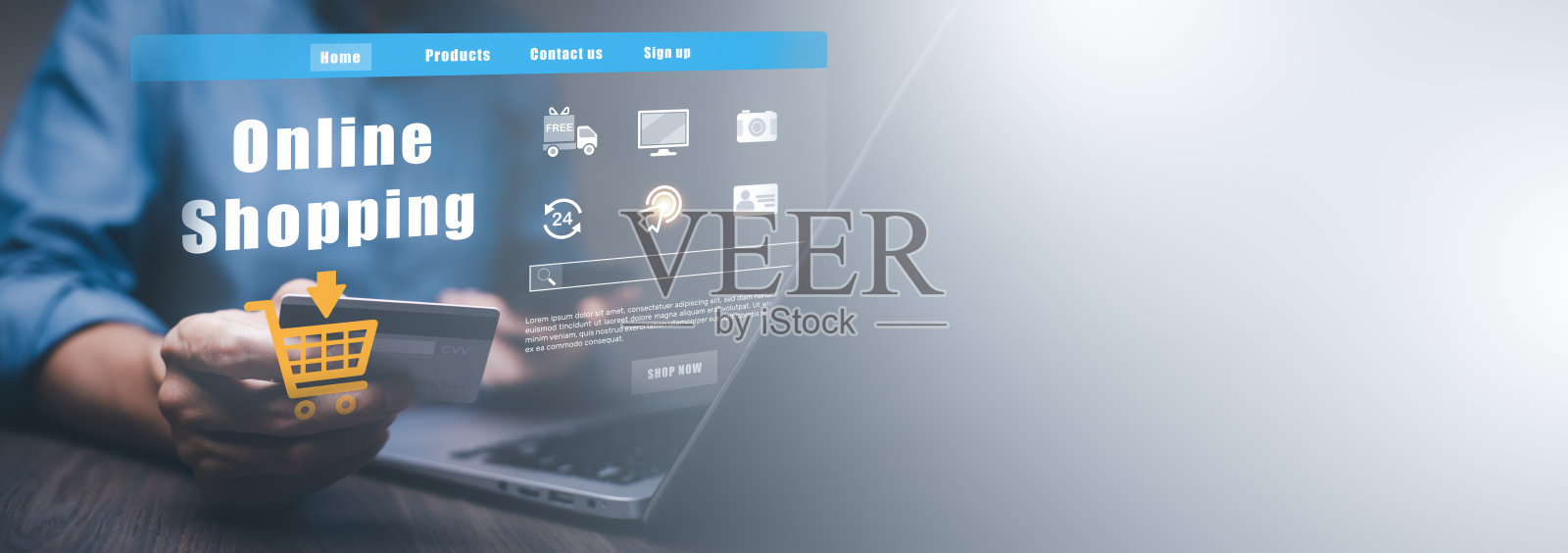 商家以网上购物概念持有智能手机，市场网站以网上购物车部分网络的虚拟界面，网上购物业务以选择购物车。照片摄影图片