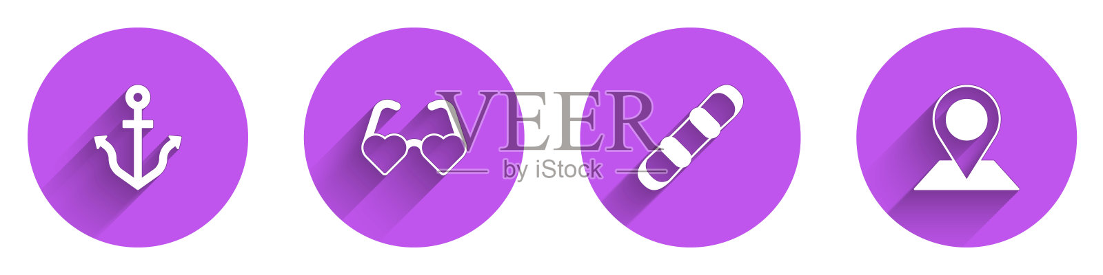 设置锚，心形的爱情眼镜，滑雪板和位置图标与长阴影。向量插画图片素材