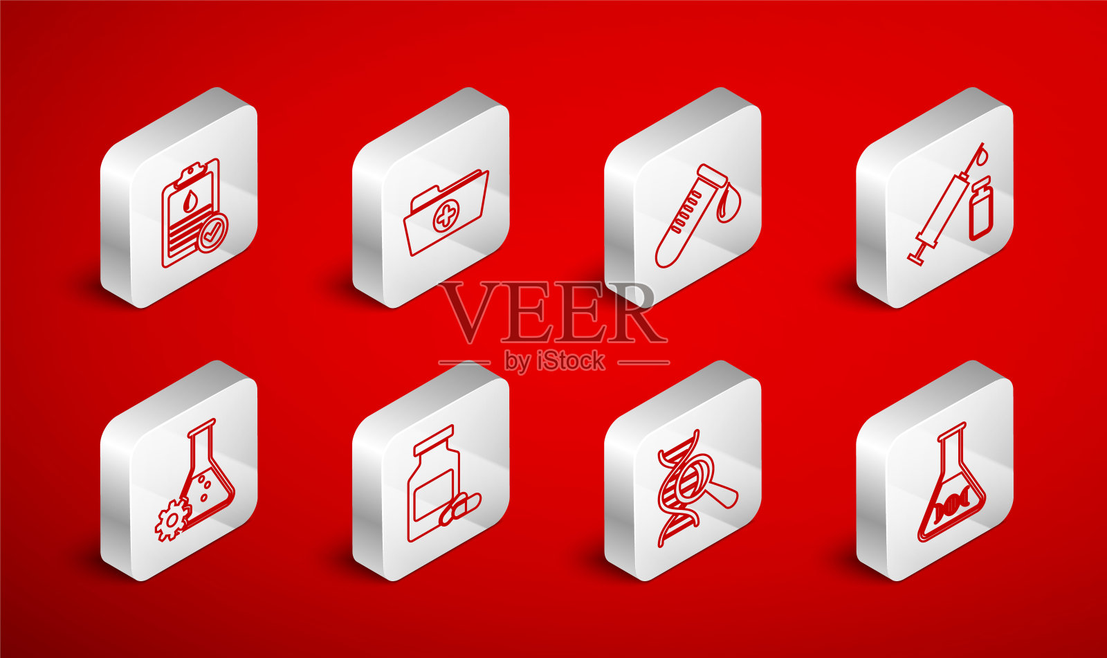 集线DNA研究，搜索，健康记录文件夹，试管与滴血，医疗注射器和小瓶，剪贴板测试，药瓶药丸和生物工程图标。向量插画图片素材