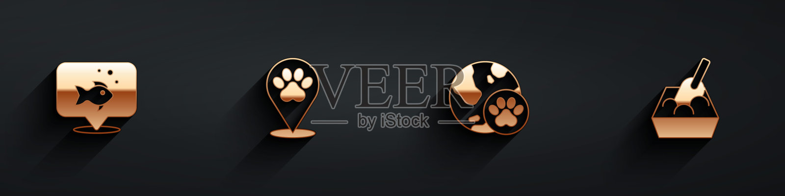 集鱼，位置兽医医院，世界宠物和猫砂托盘铲图标与长阴影。向量插画图片素材