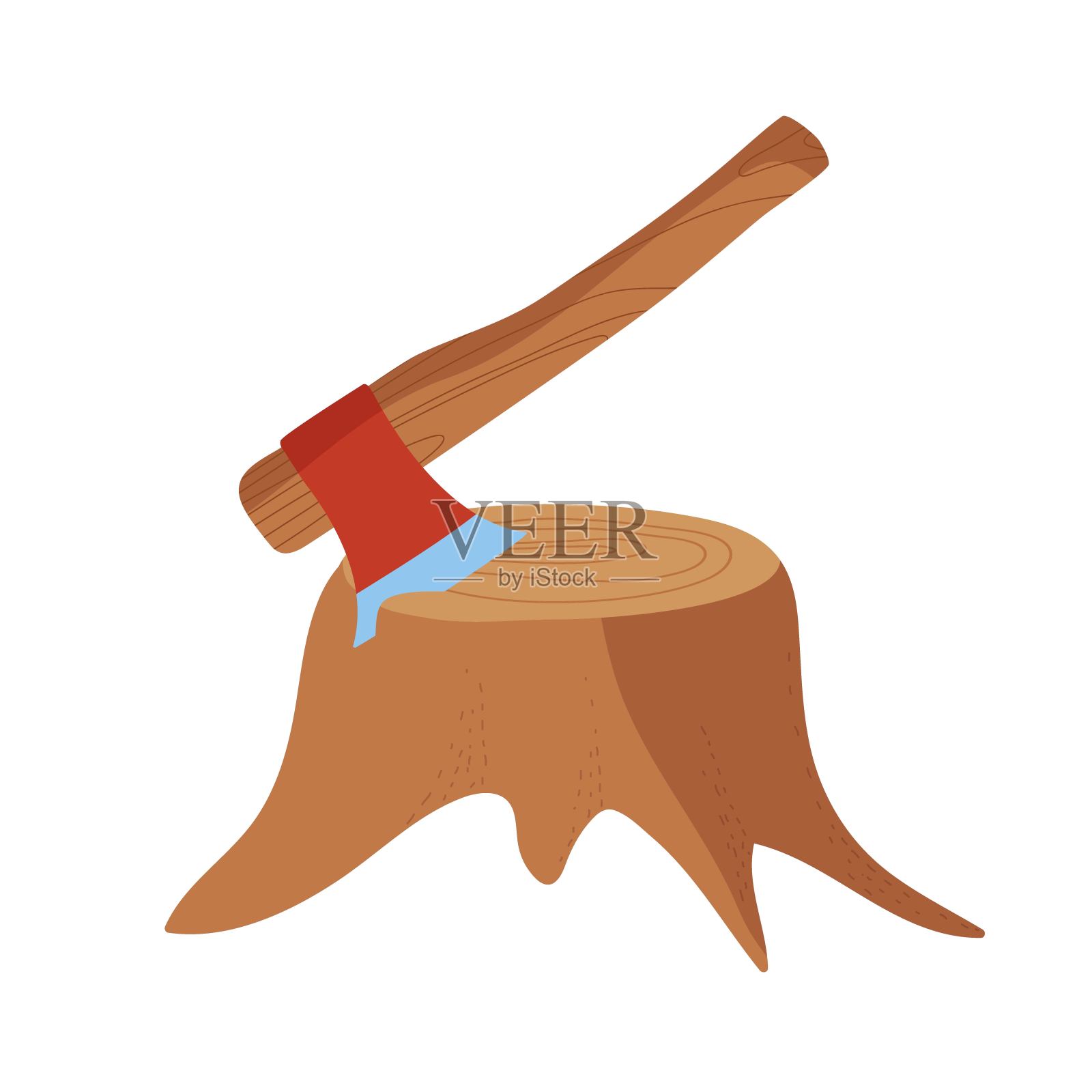 树桩具斧孤立在白色背景上。木柄卡在树桩上的金属斧。用来砍树的工具。伐木工工具矢量插图远足，露营，伐木插画图片素材