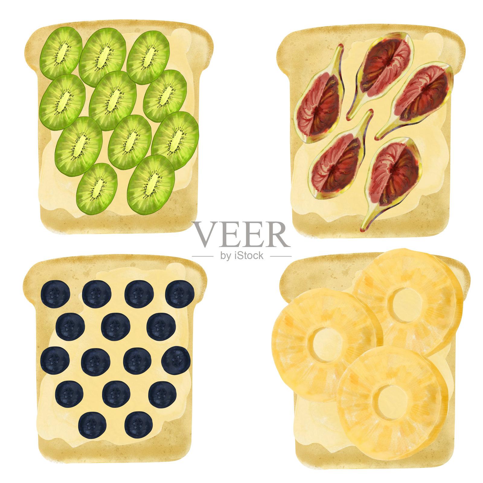 一套水彩食品插图，手绘。搭配成熟水果，猕猴桃，菠萝，浆果，无花果，蓝莓。扁平食品图解插画图片素材