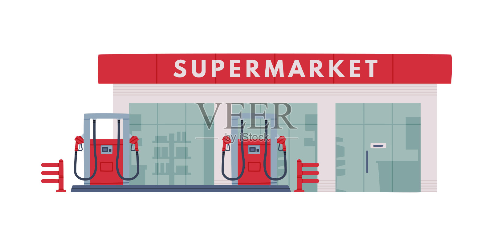 加油站超市大楼作为销售燃料的机动车辆矢量插图插画图片素材
