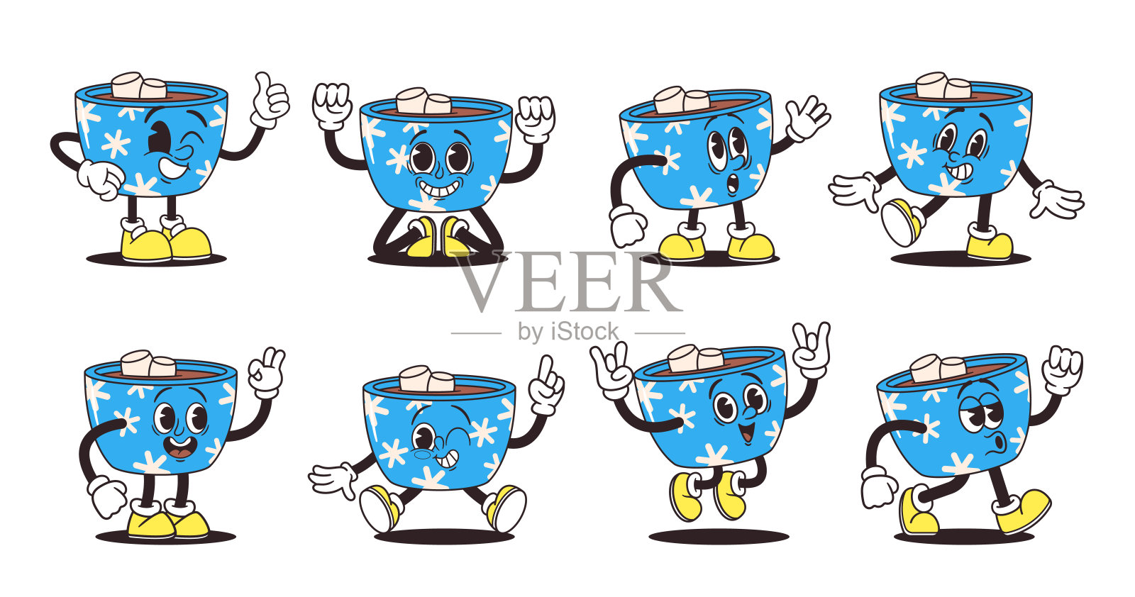 复古Groovy可可马克杯字符与棉花糖矢量集。充满活力，奇特的杯子大胆的颜色和图案插画图片素材