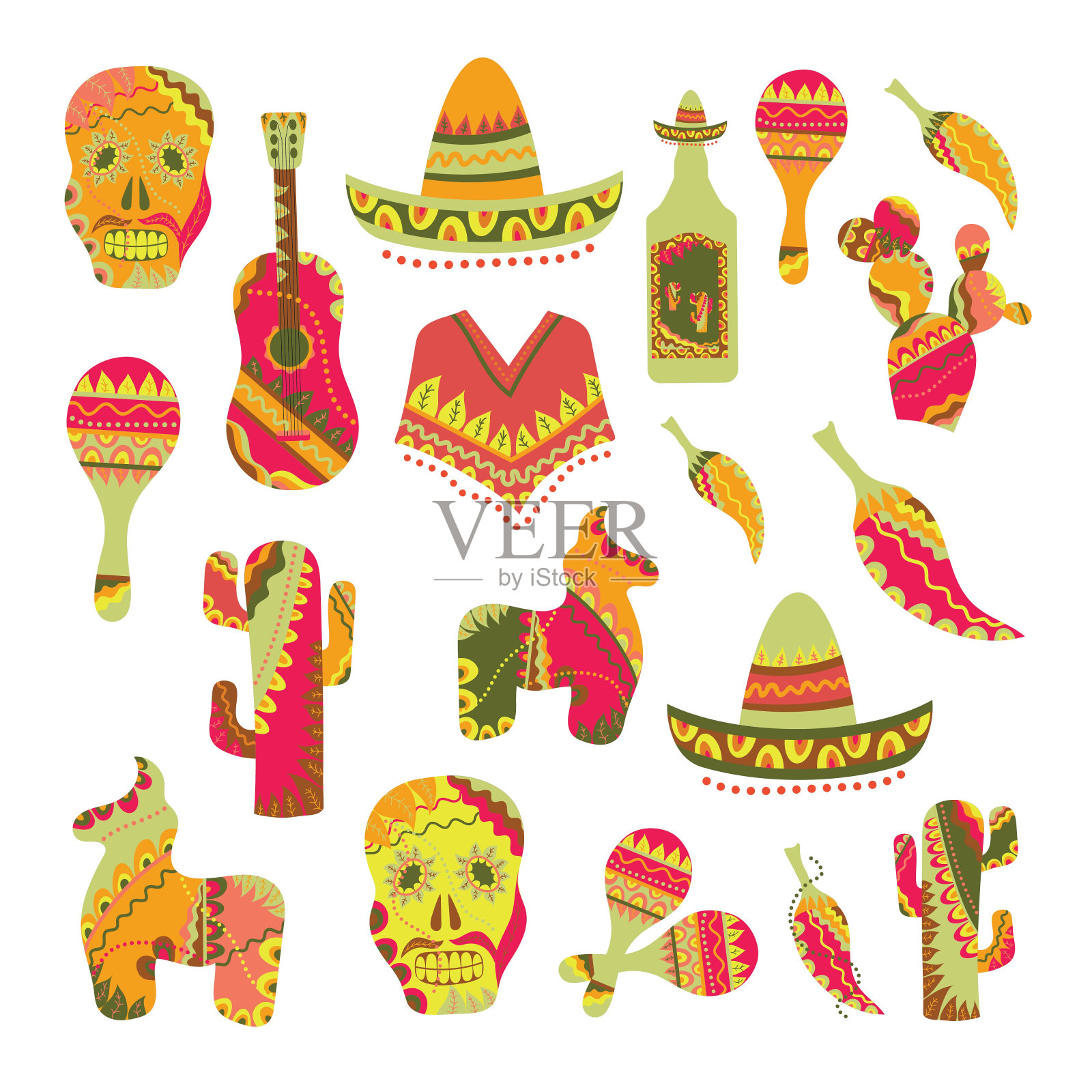 鲜艳多彩的时尚矢量插图关于墨西哥。图标集，设计元素。收集传统的墨西哥符号沙球，墨西哥吉他，墨西哥头骨，宽边帽，仙人掌，皮塔，红辣椒插画图片素材