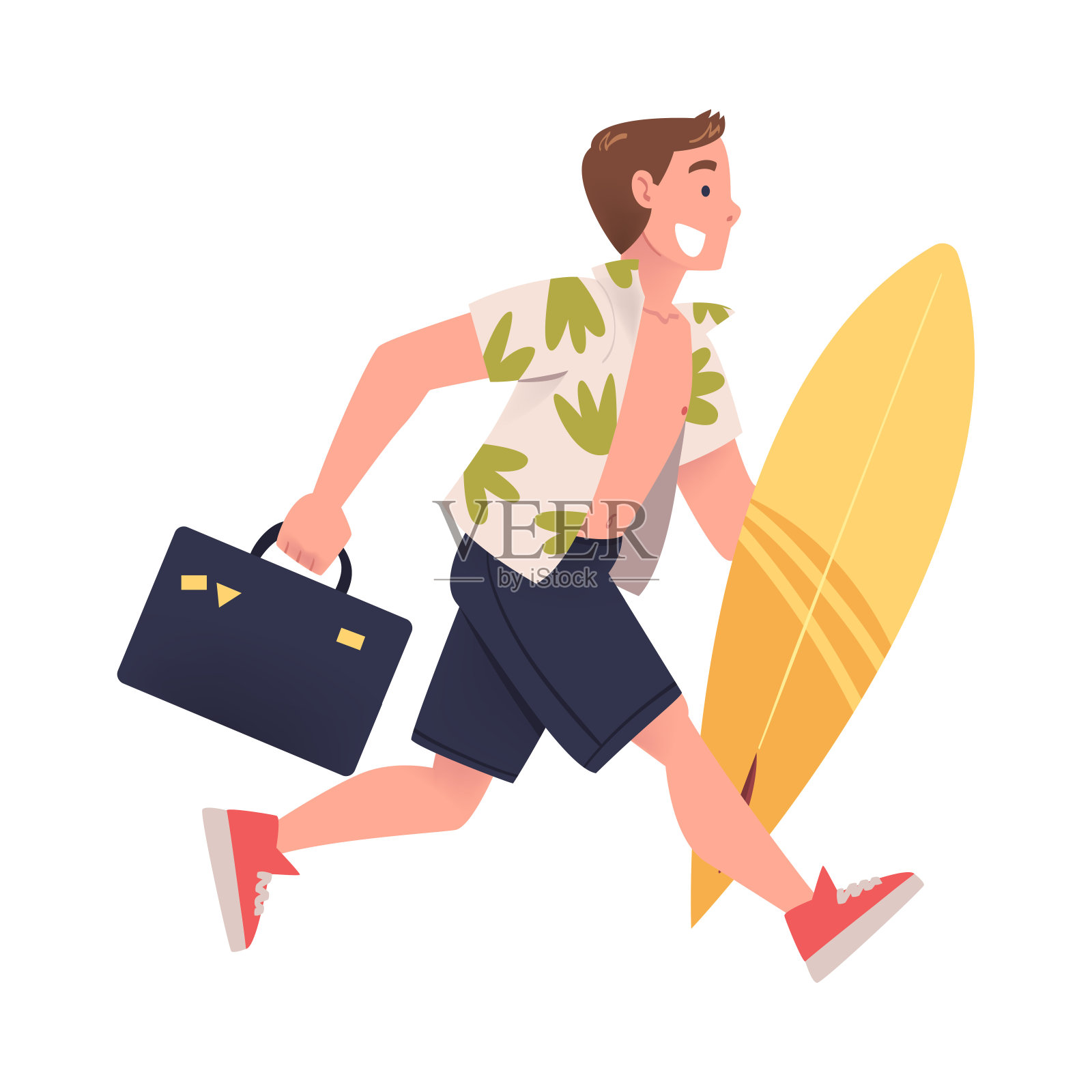 一个拿着公文包和冲浪板的年轻人正赶着去机场登机。快乐的冲游客去暑假卡通矢量插图插画图片素材