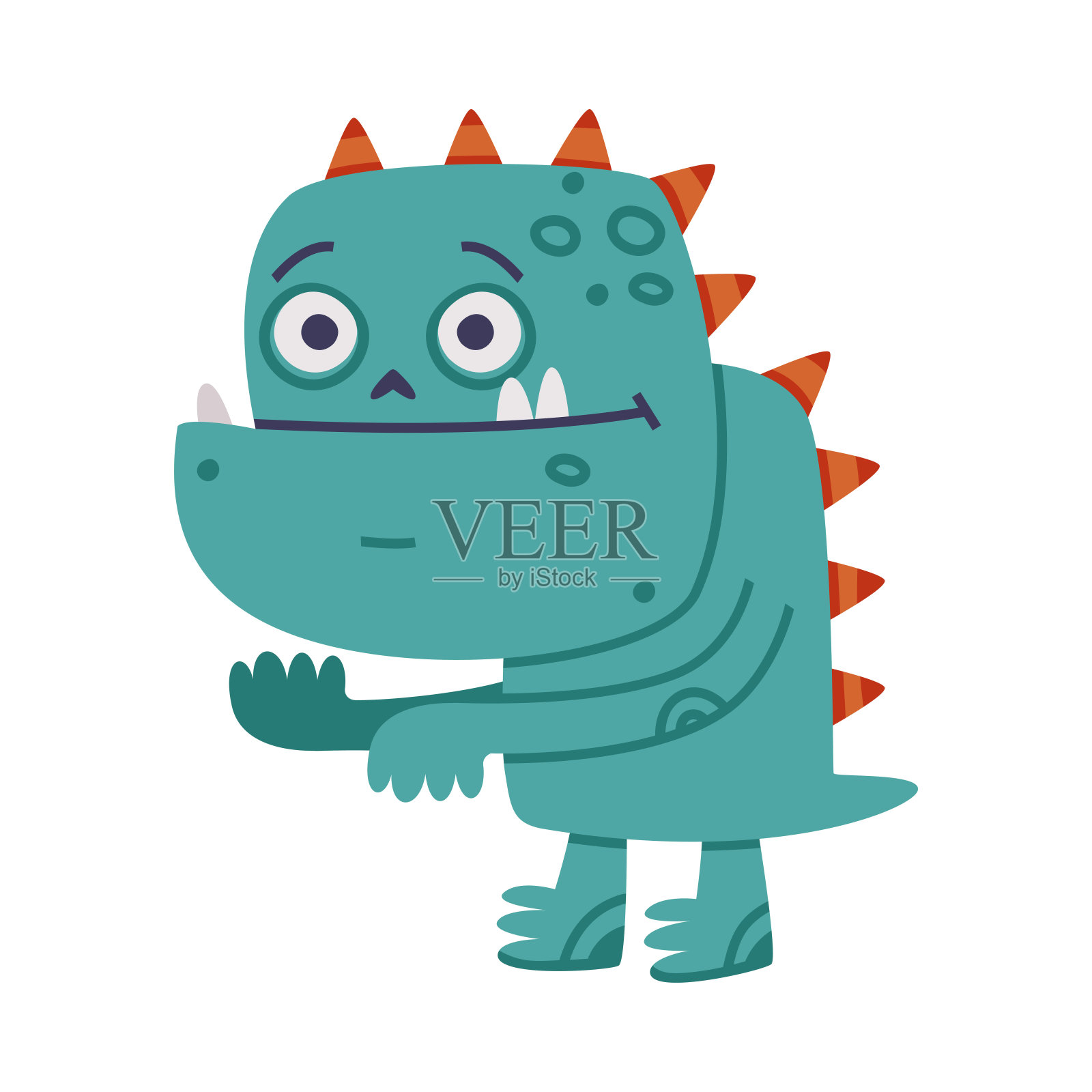 有趣的怪物与角和长牙的嘴站立矢量插图插画图片素材