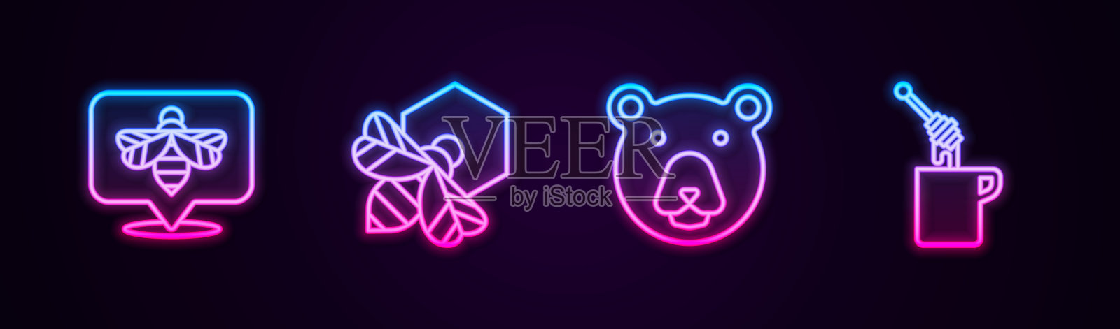 设好线，蜜蜂和蜂巢，熊头和蜜罐粘在一起。发光的霓虹灯图标。向量插画图片素材