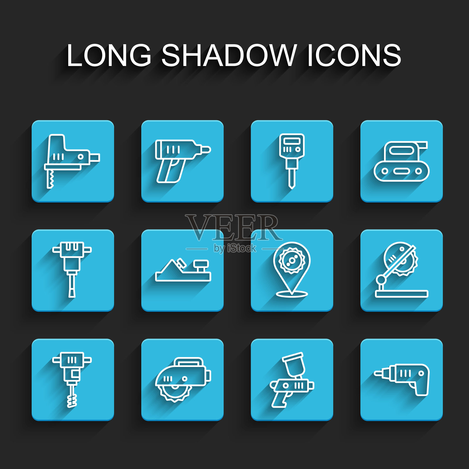 集线电动手动混凝土搅拌机，圆锯，拼图，油漆喷枪，无绳螺丝刀，木平面工具，木工工作台和圆形刀片图标。向量插画图片素材