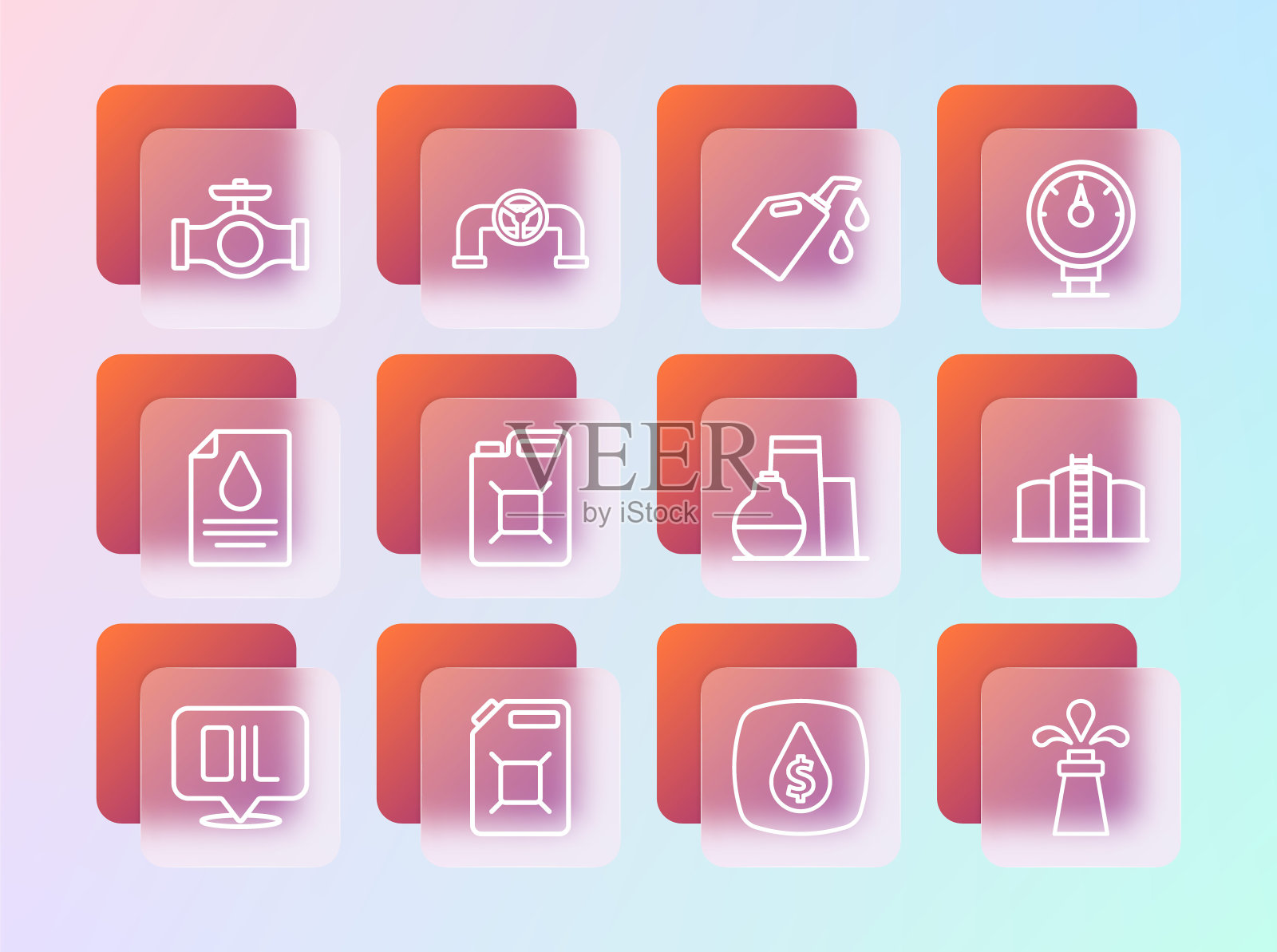 设置线路电机气表，汽油罐，油箱存储，美元符号滴，电机机油，管道阀门和图标。向量插画图片素材