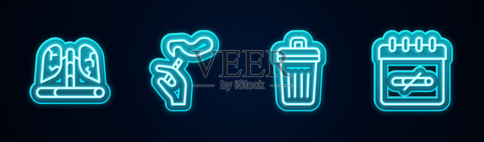设定:疾病肺，手与吸烟，垃圾桶和无天。发光的霓虹灯图标。向量插画图片素材