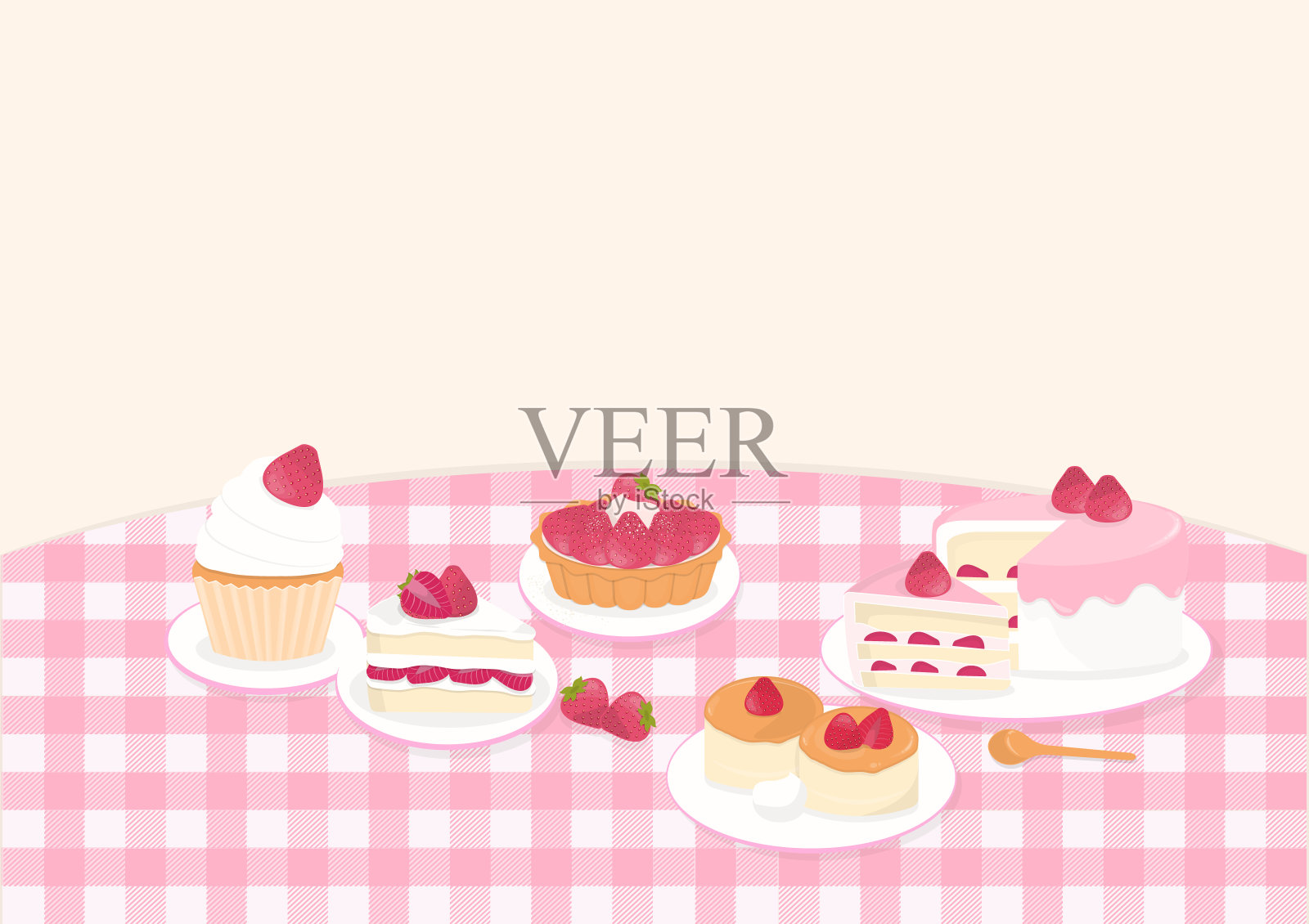 奶油色背景上的格子图案草莓蛋糕插画图片素材