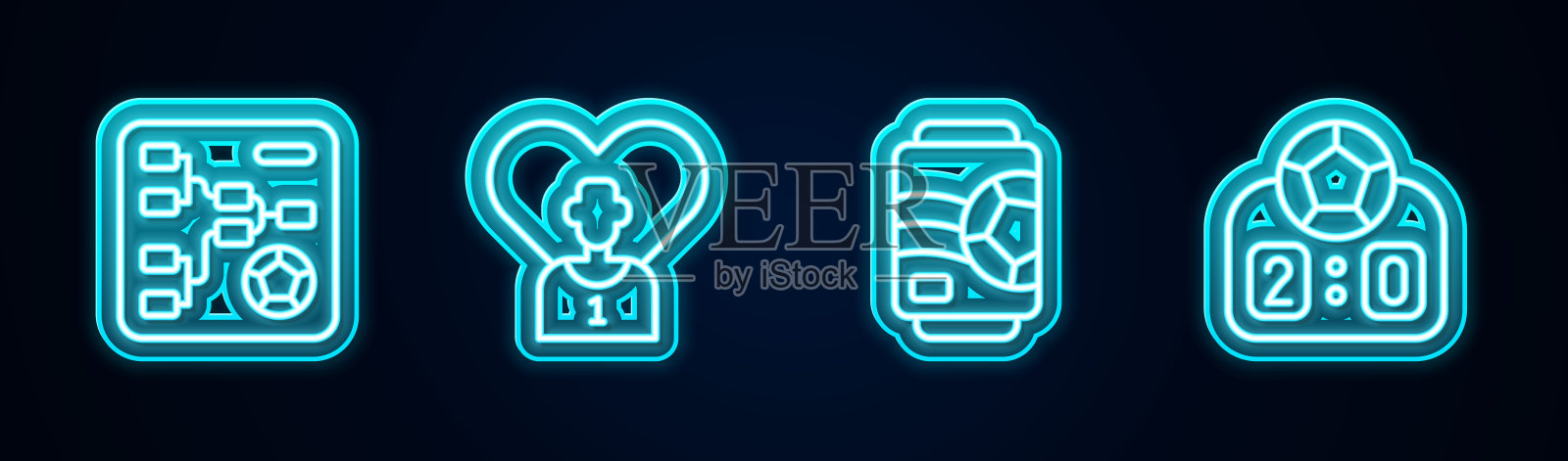 设置线锦标赛支架，足球或足球运动员，啤酒罐和运动机械记分牌。发光的霓虹灯图标。向量插画图片素材