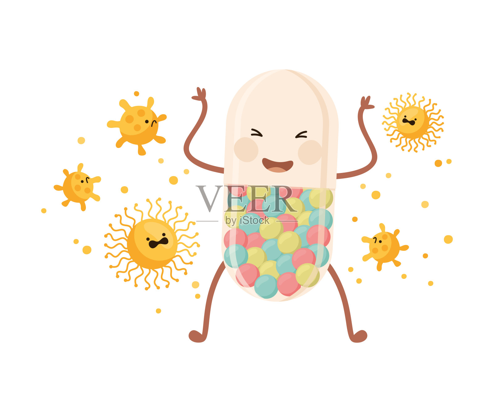 可爱有趣的医药药丸字符对抗细菌或病毒卡通矢量插图插画图片素材