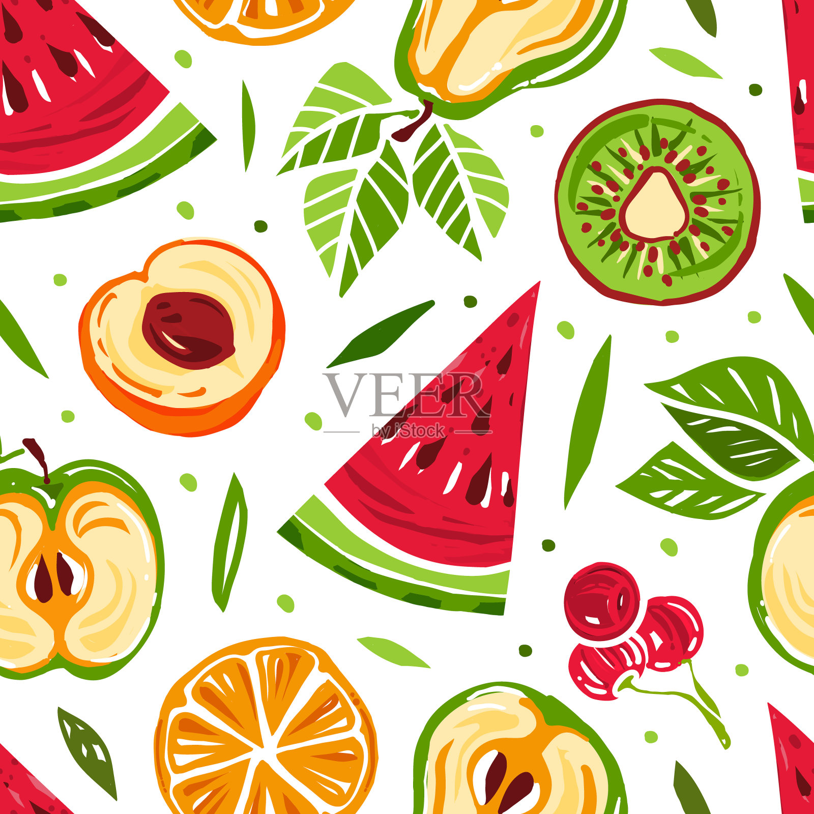 多汁的水果设计与分散的西瓜和苹果矢量无缝图案模板插画图片素材