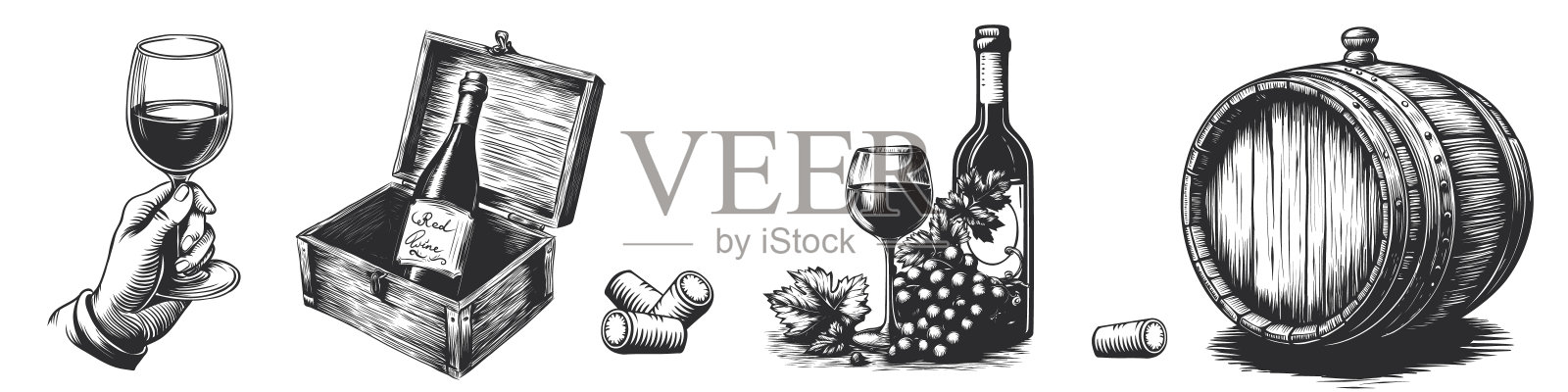 酒具。手绘素描风格的酿酒产品。木桶、玻璃、木盒酒瓶、酒塞雕刻。经典的酒精饮料。矢量插图的酒厂。插画图片素材