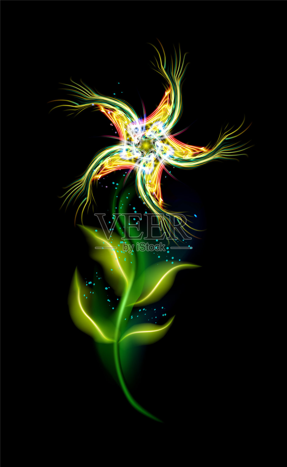 彩色发光的黄色花朵。美丽时尚的观赏花琥珀元素在黑色背景。现代照明饰品与装饰豪华辉光为您的设计插图插画图片素材