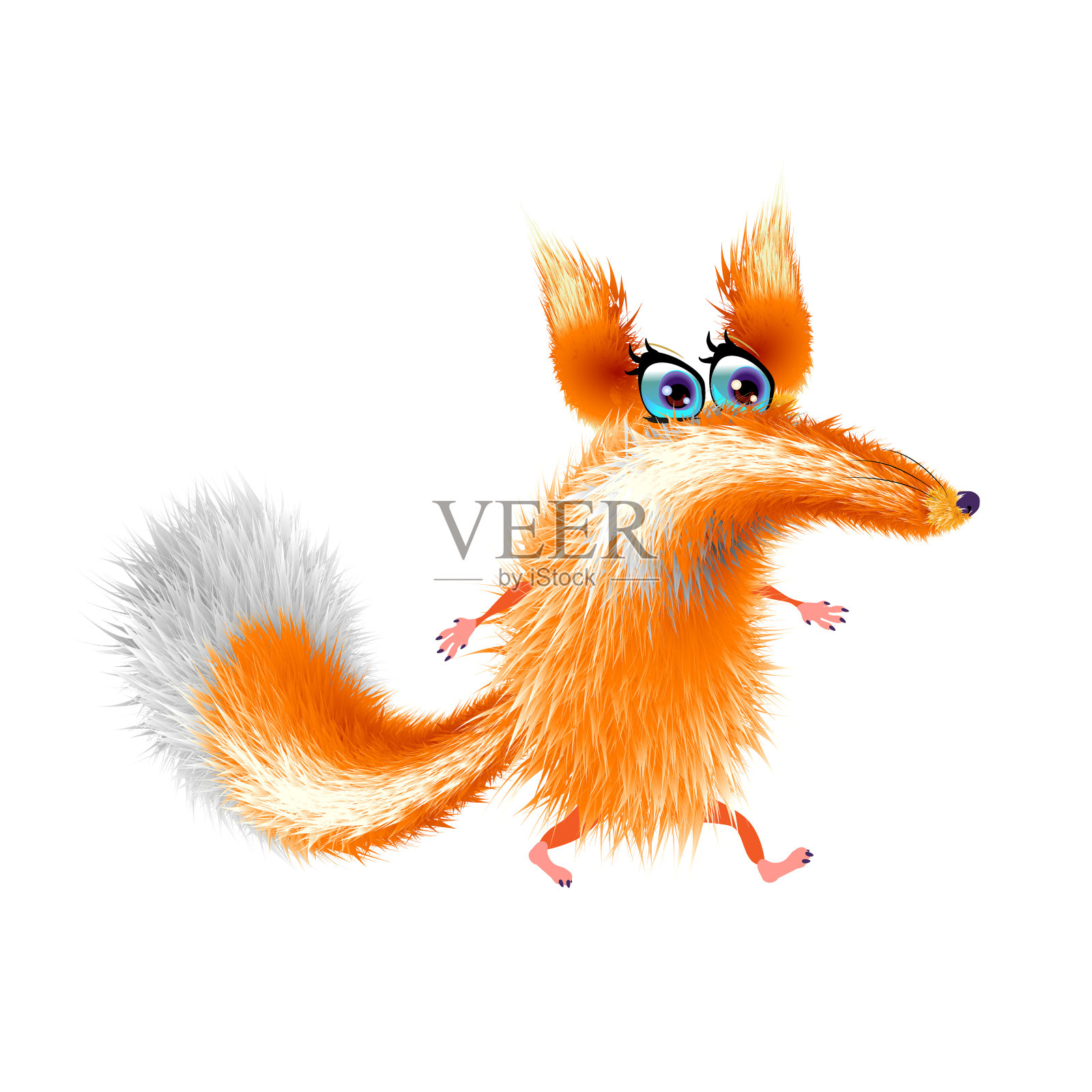 毛茸茸的可爱的狐狸卡通在浅色背景。橙色可爱，孤立。插图和搞笑插画图片素材