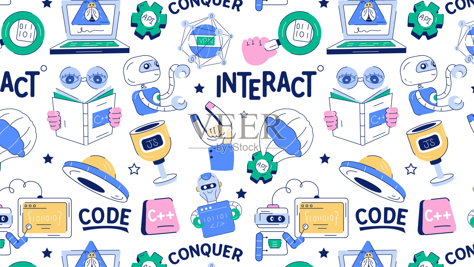 一个带有编码、网页和开发元素的涂鸦无缝模式插画图片素材