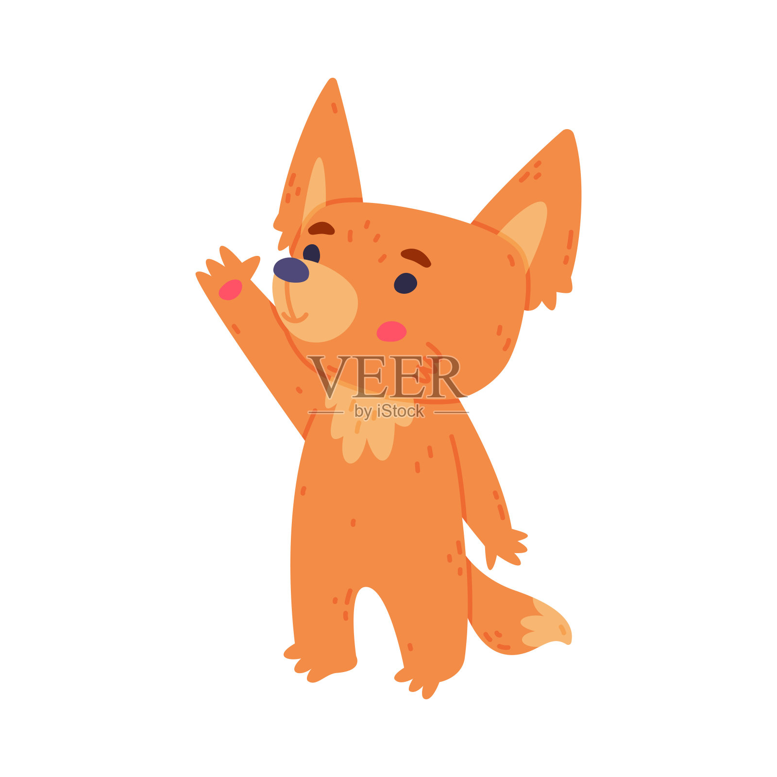 可爱的耳廓狐狸与红色的大衣和大耳朵挥舞爪子矢量插图插画图片素材