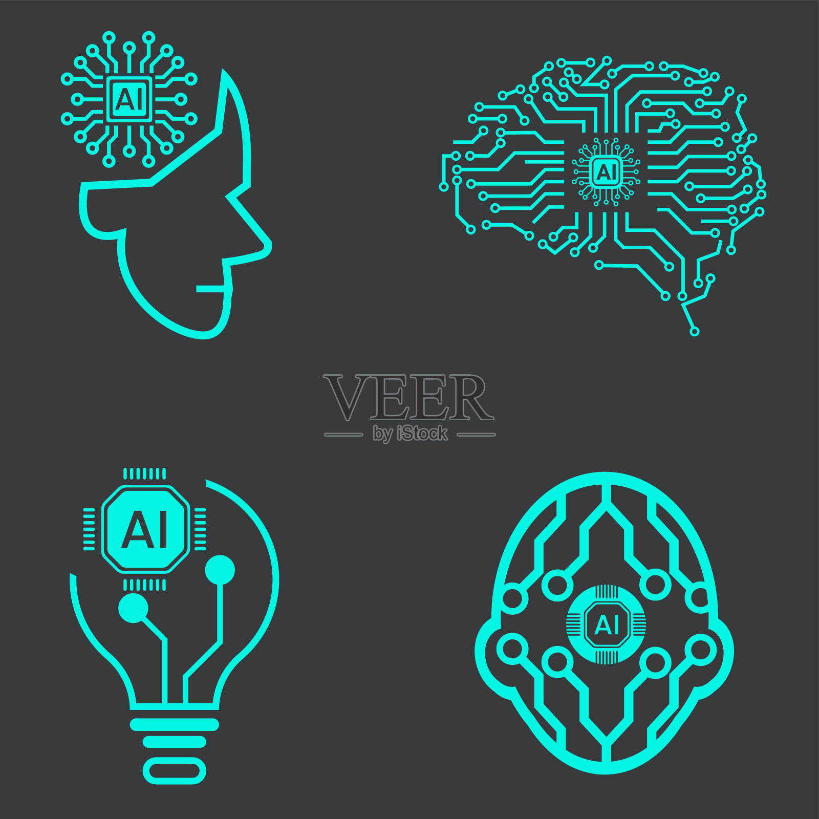 技术头部和想法图标，如机器人，数字，虚拟现实，人工智能，网络和矢量线图标矢量剪贴画设计矢量插图插画图片素材