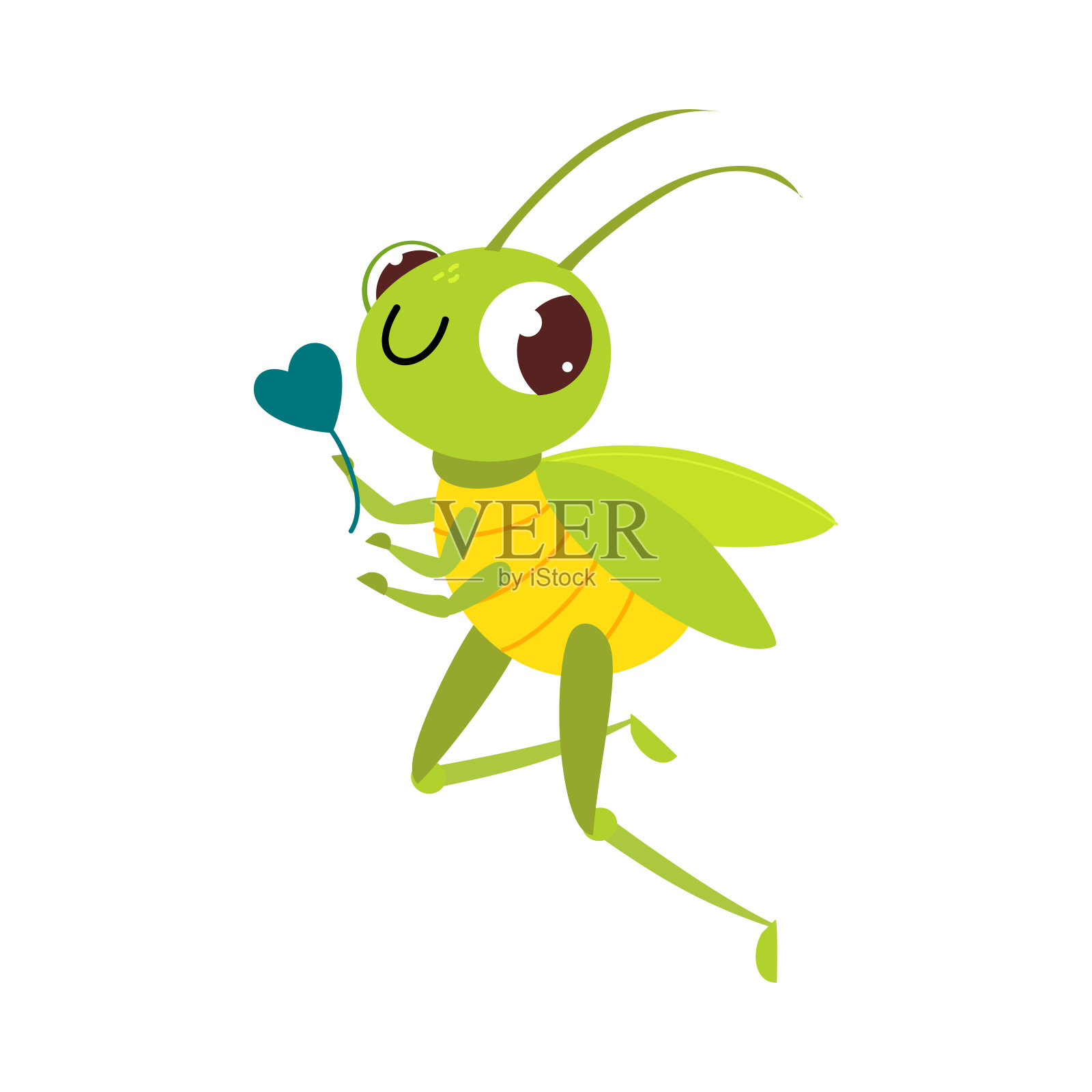 可爱的绿色蚱蜢欢快地跳着。有趣的昆虫在其日常活动卡通矢量插图插画图片素材