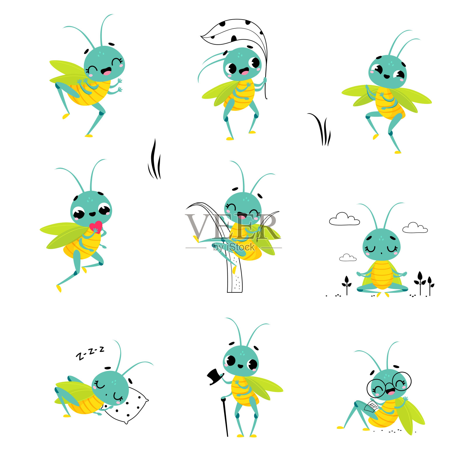 可爱的蚱蜢在它的日常活动设置。有趣的昆虫卡通人物跳跃，睡眠和冥想矢量插图插画图片素材