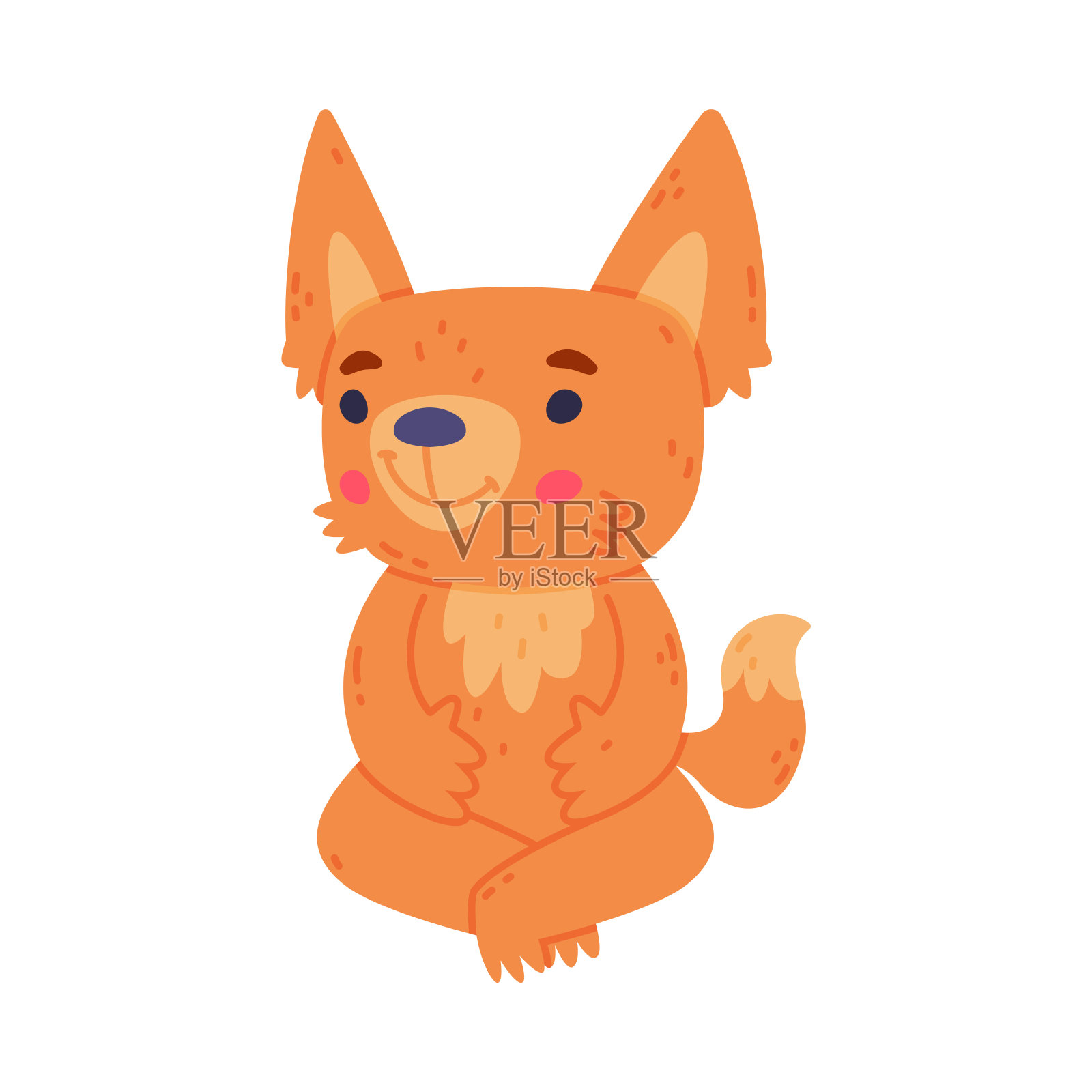 可爱的耳蜗狐狸与红色的大衣和大耳朵坐着和微笑矢量插图插画图片素材