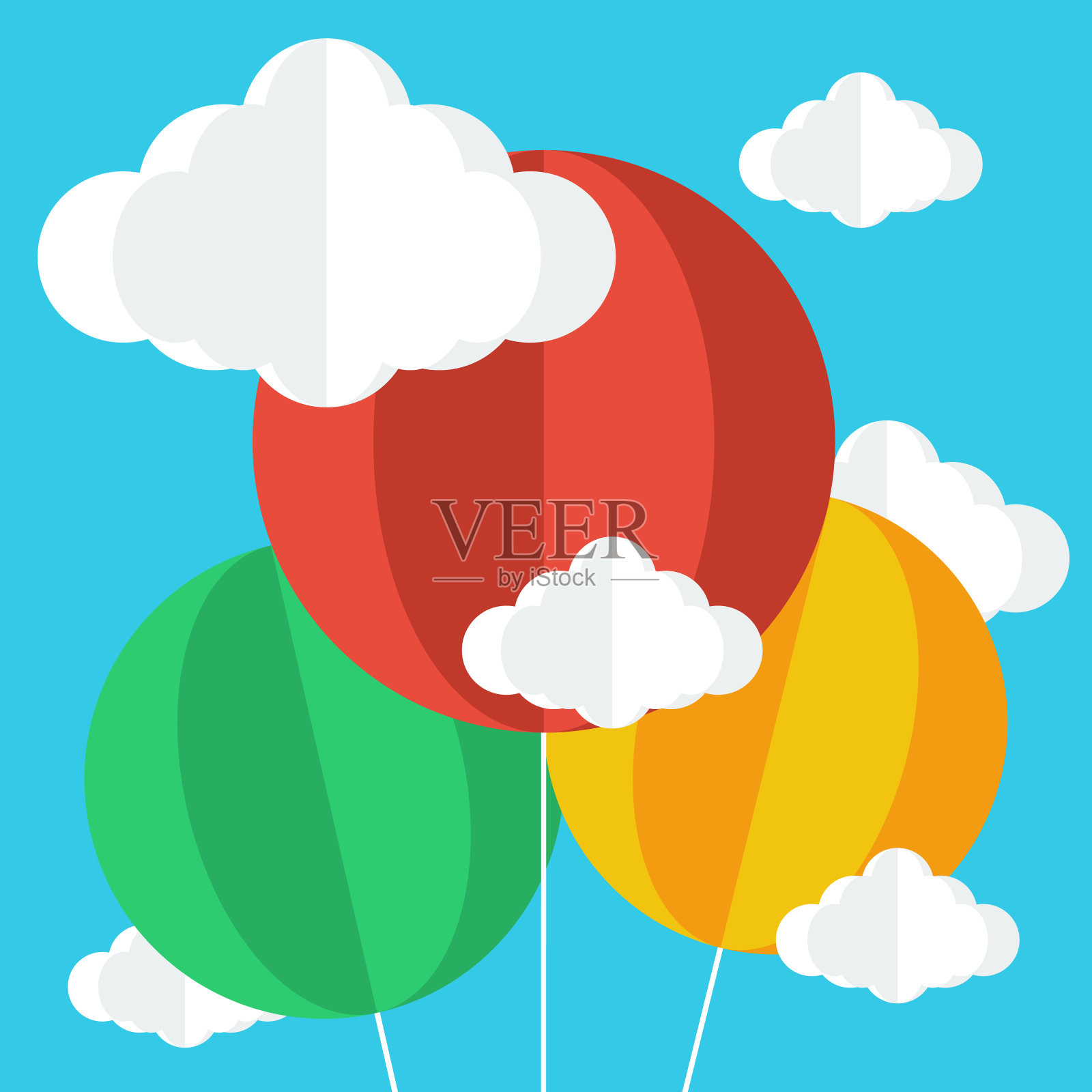 天空和云层上有气球的彩色横幅。插画图片素材