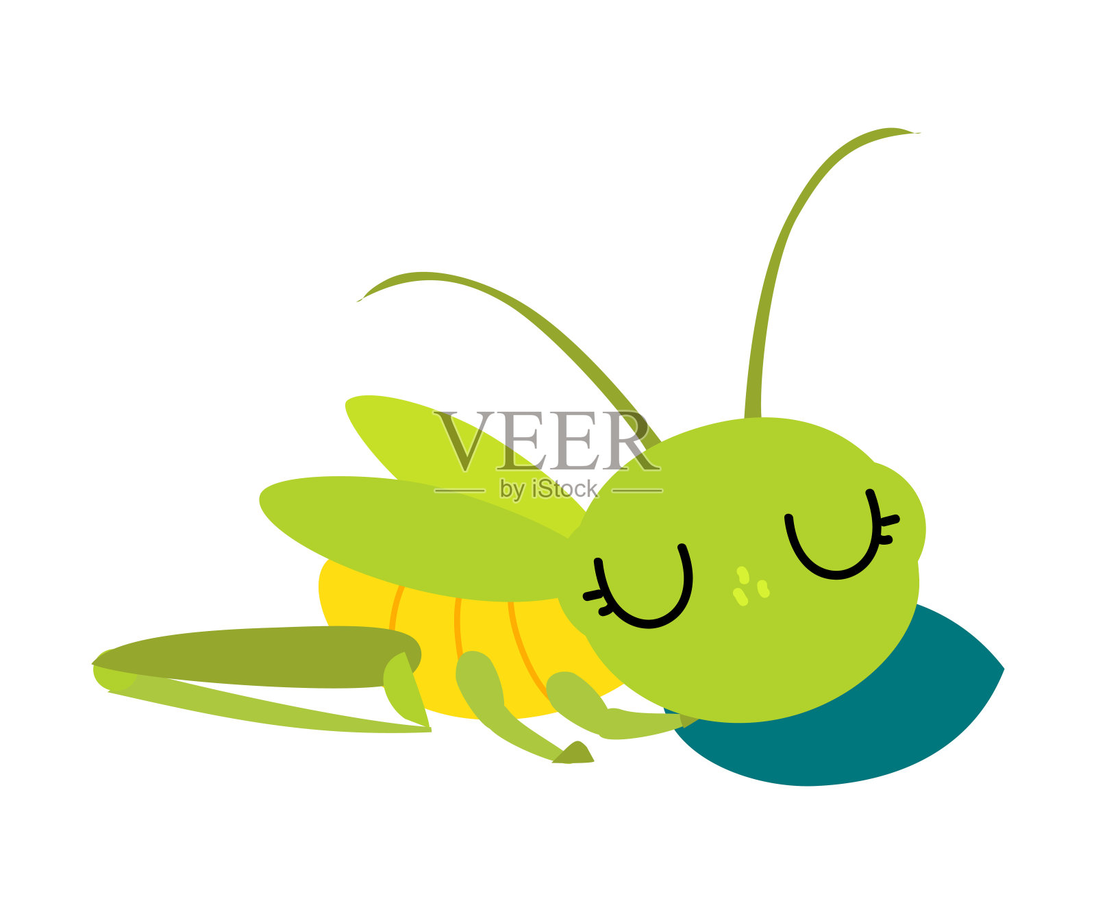 可爱的绿色熟睡蚱蜢。有趣的昆虫在其日常活动卡通矢量插图插画图片素材