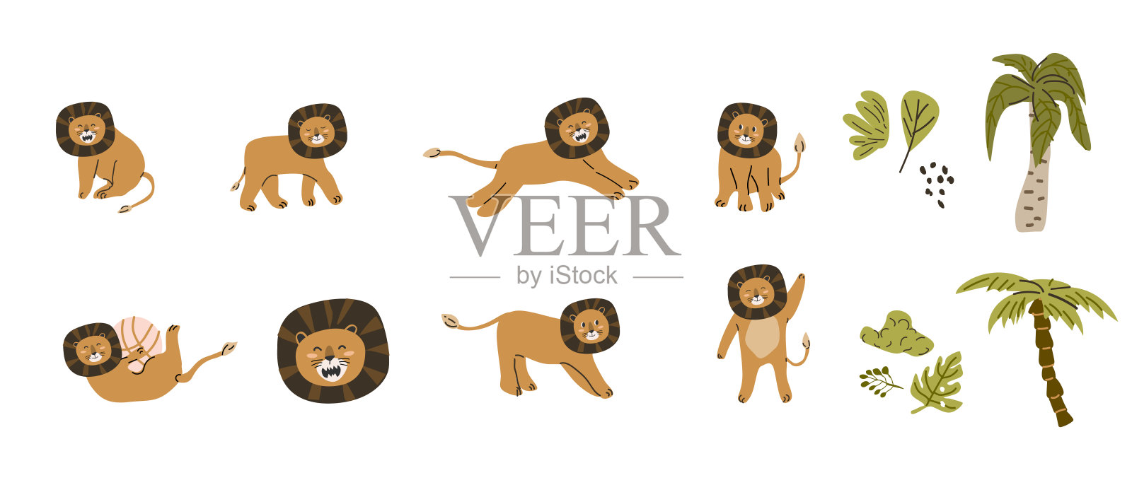 一套可爱的丛林野生动物-狮子和棕榈树在斯堪的纳维亚风格插画图片素材