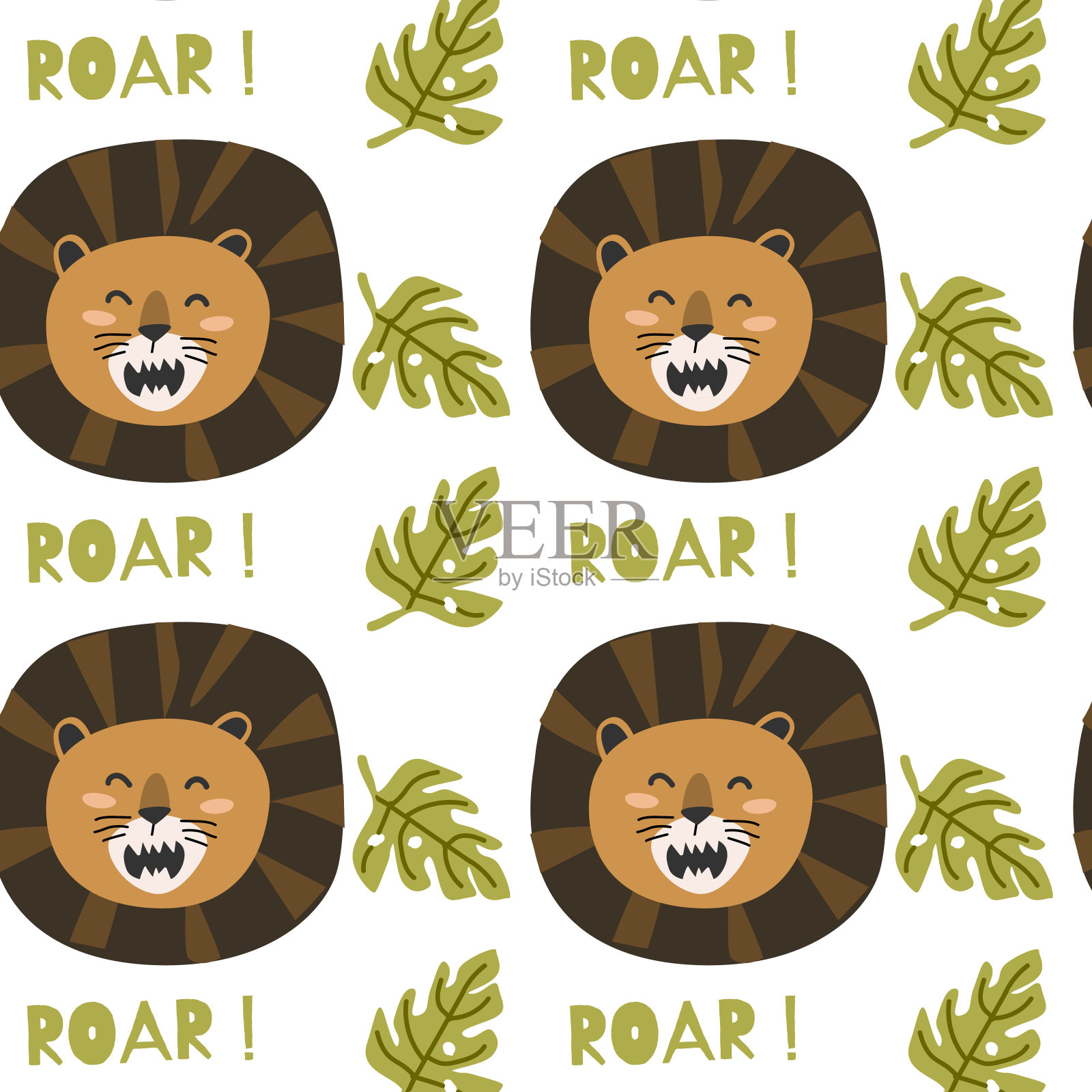 可爱的野生热带动物狮子和咆哮无缝图案插画图片素材