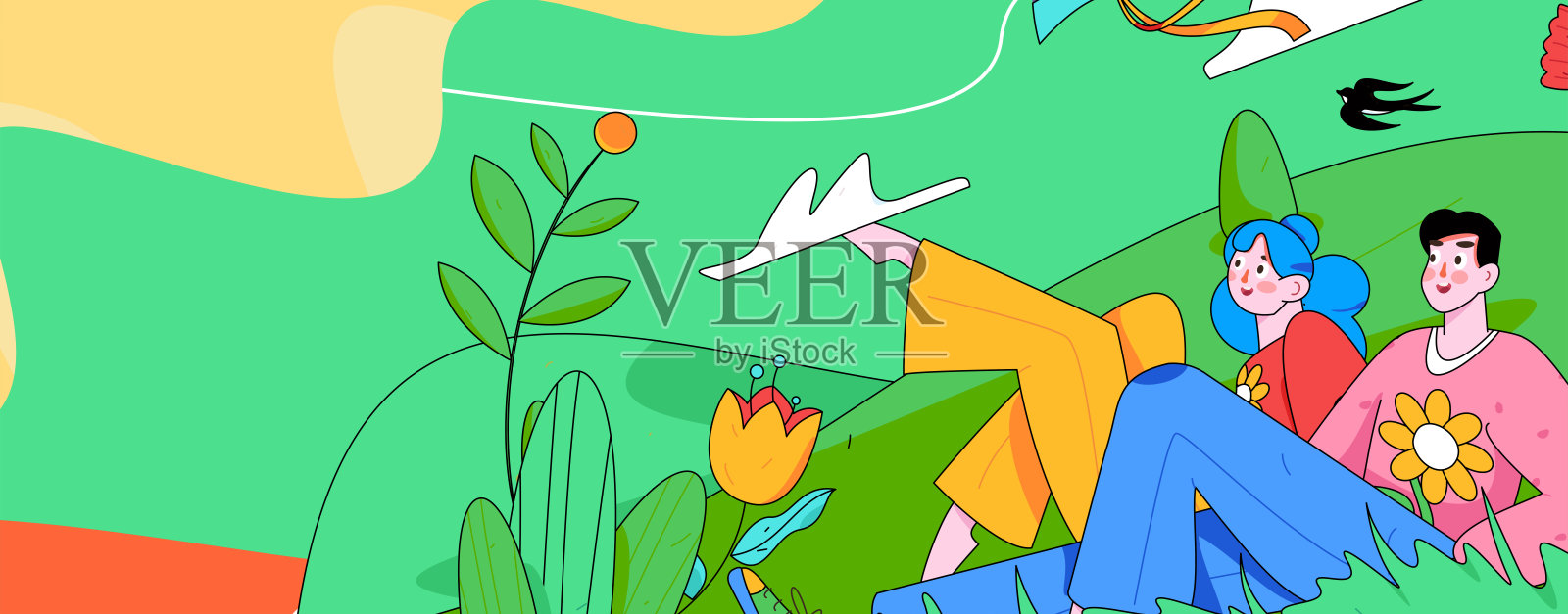 二十四节气:立春、下雨、惊蛰、春风、清明、谷雨，平面人物矢量概念操作手绘插画插画图片素材