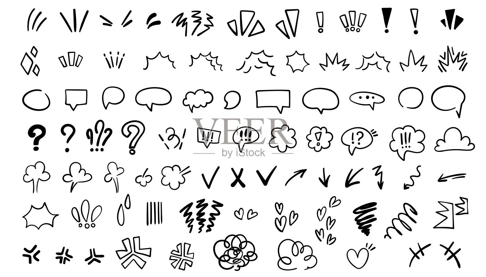 动画情感手绘效果集。漫画集合了箭头和言语泡泡、红心。矢量插图与涂鸦动画图标插画图片素材