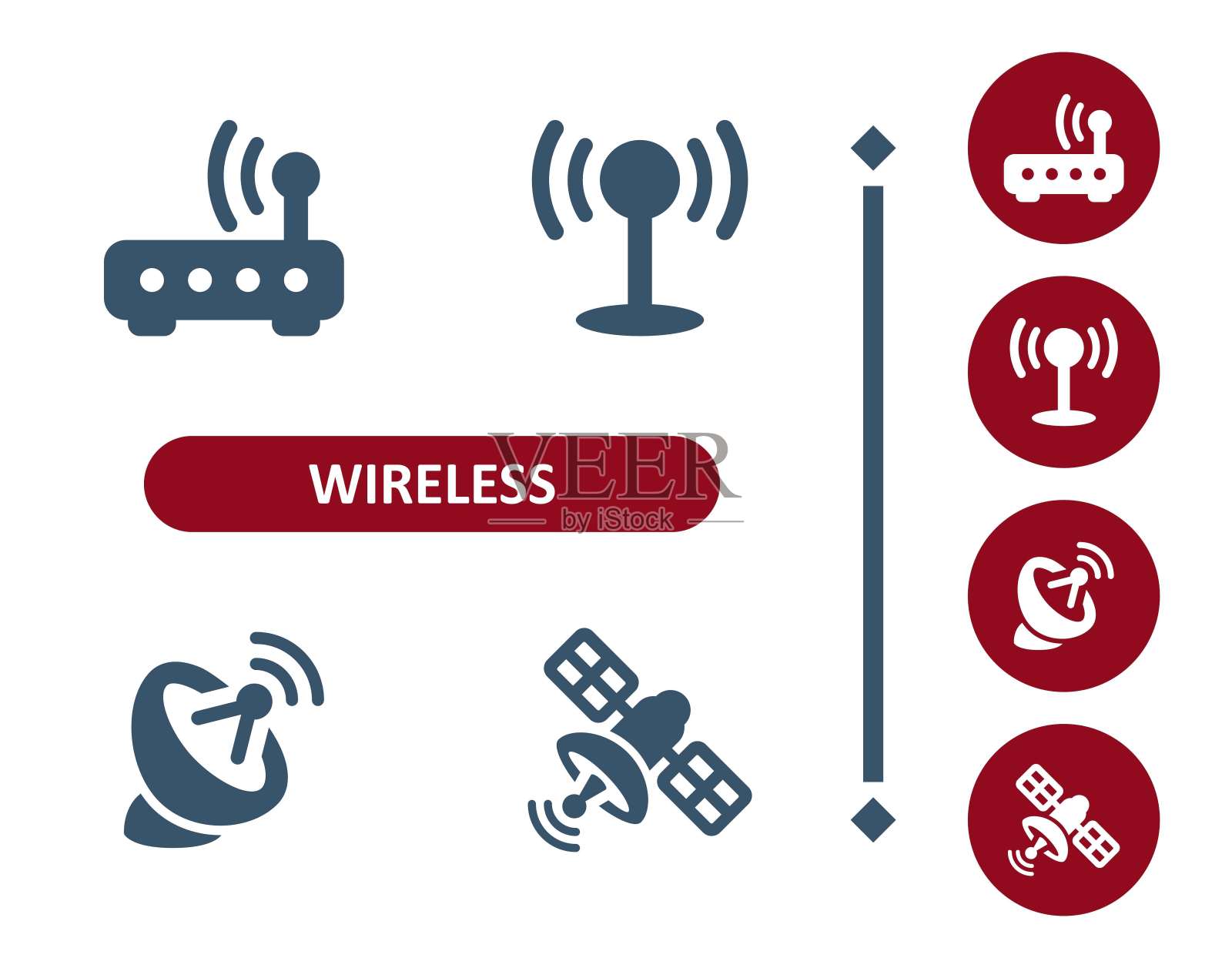 无线图标。采购产品WiFi, Wi-Fi，信号，卫星，卫星碟，天线，路由器，调制解调器图标插画图片素材