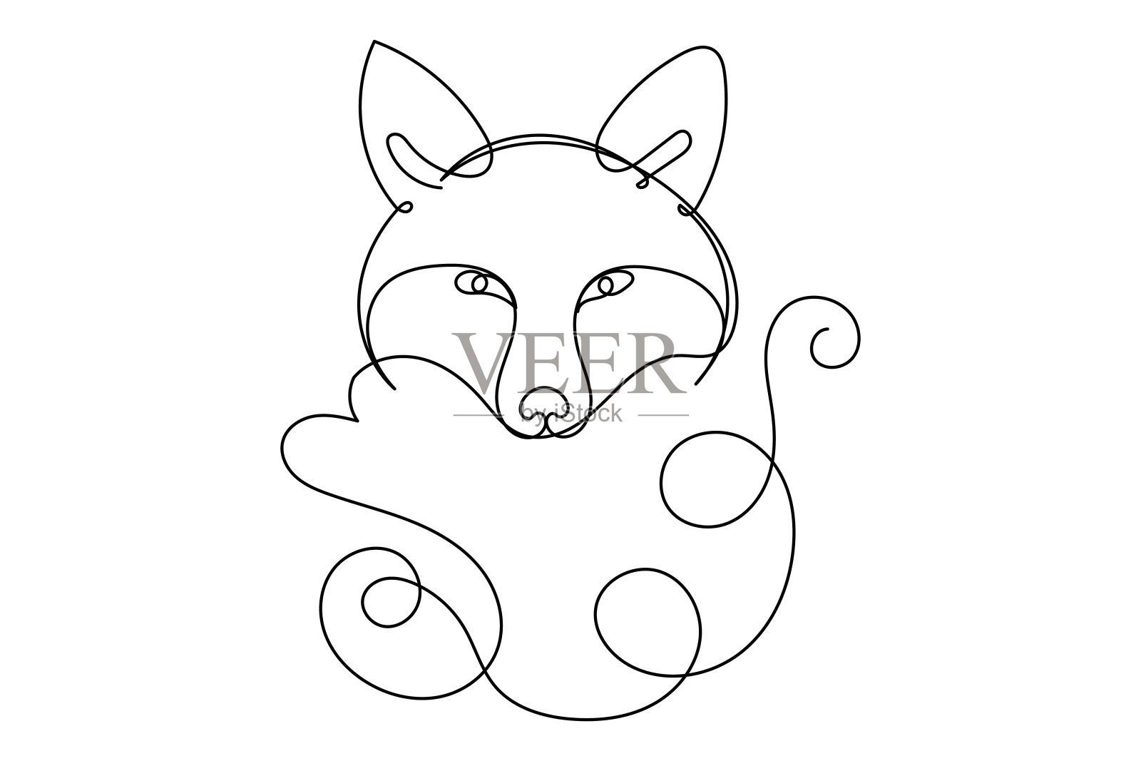 涂鸦狐狸线肖像。可编辑的抽象狐狸标志矢量线草图。简单的曲线线狐狸符号轮廓图标设计孤立的白色背景插画图片素材