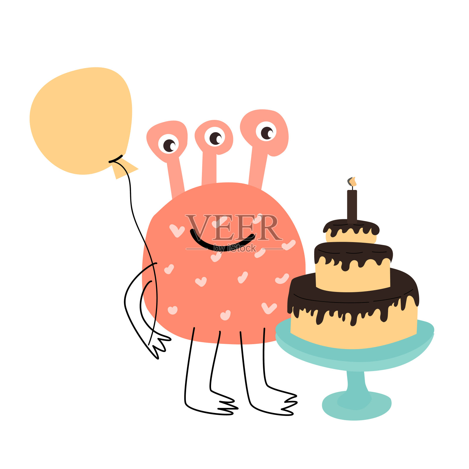 可爱的粉红色怪物和蛋糕纪念卡插画图片素材