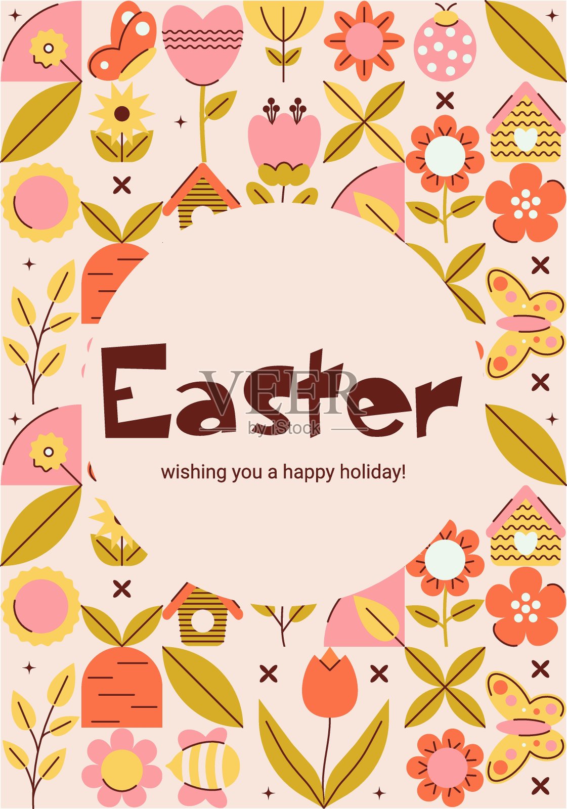 几何复活节横幅在复古风格的节日设计。春夏概念。新潮的彩色卡片。平面最小矢量图插画图片素材