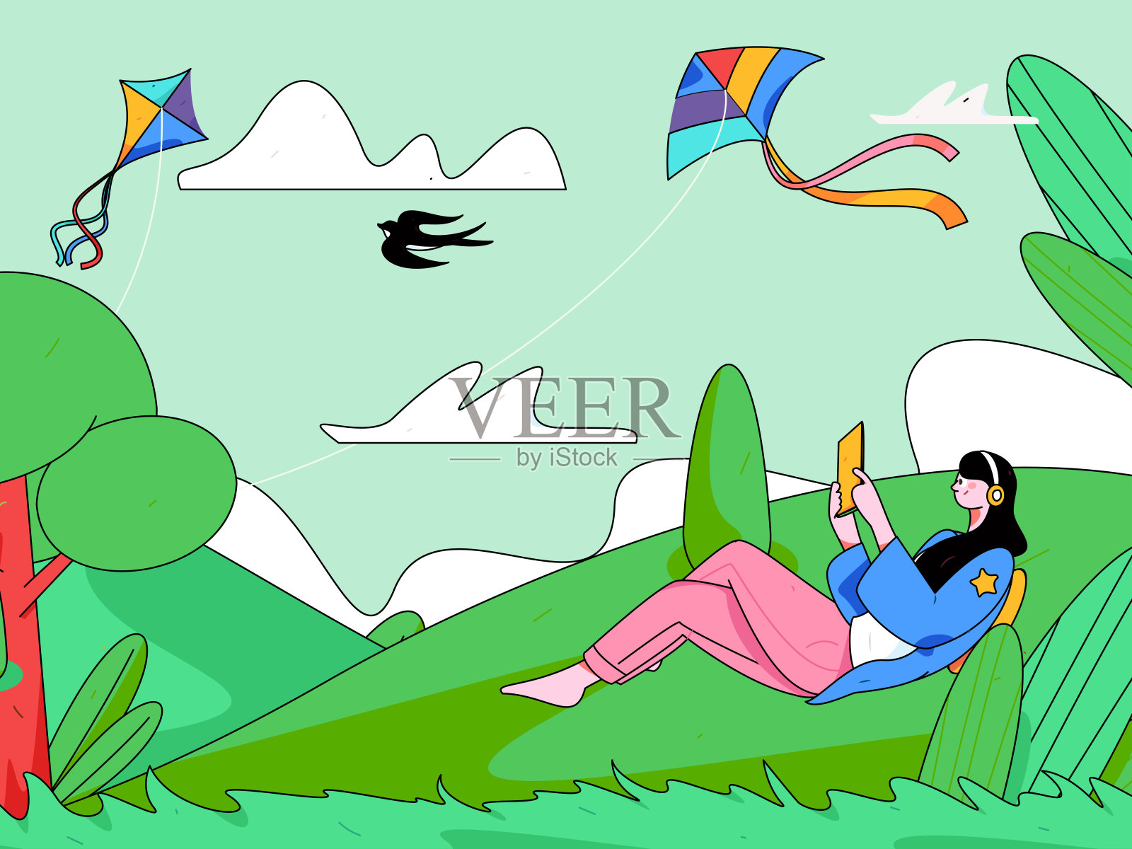 二十四节气:立春、下雨、惊蛰、春风、清明、谷雨，平面人物矢量概念操作手绘插画插画图片素材