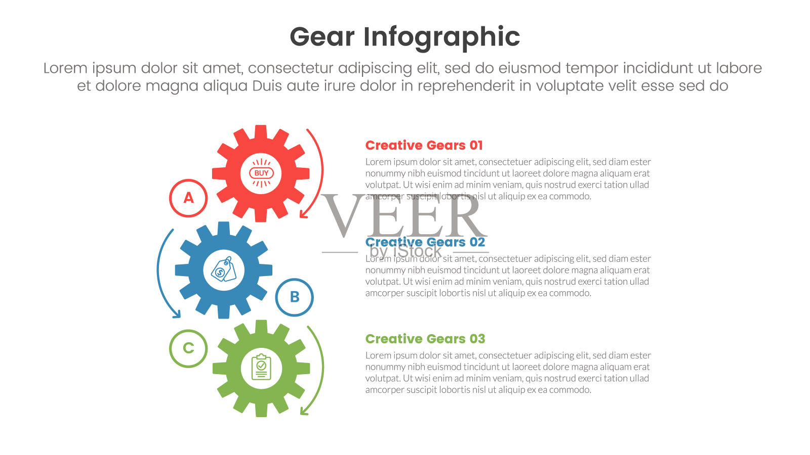 齿轮齿轮信息图表模板横幅与垂直齿轮结构与3点列表信息的创造性组合幻灯片演示插画图片素材