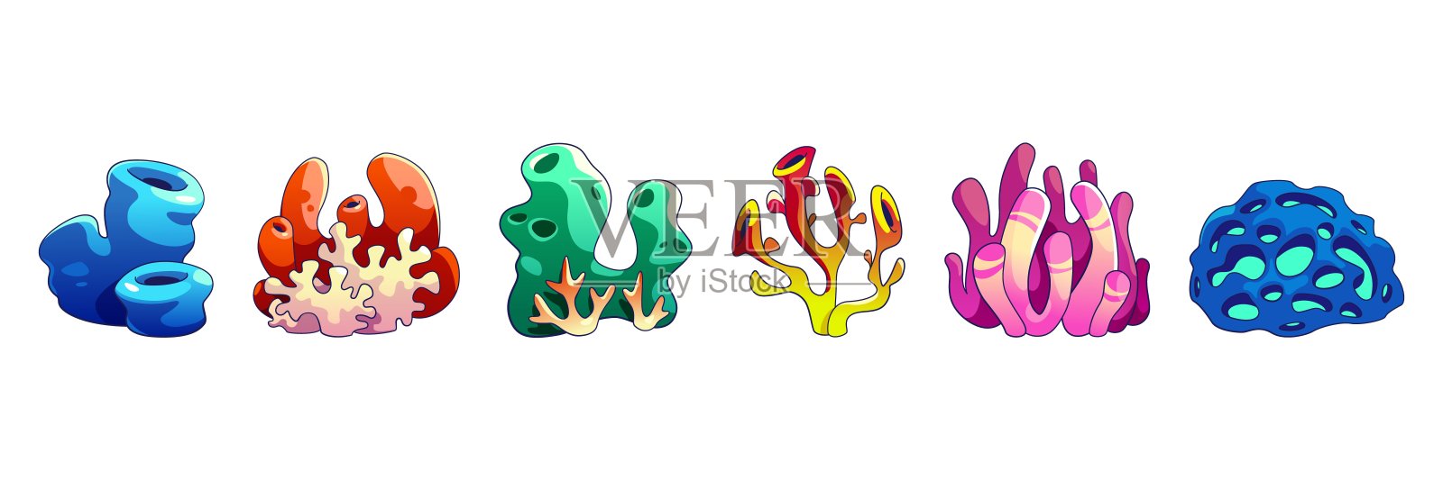 海藻和珊瑚卡通矢量插图集。插画图片素材