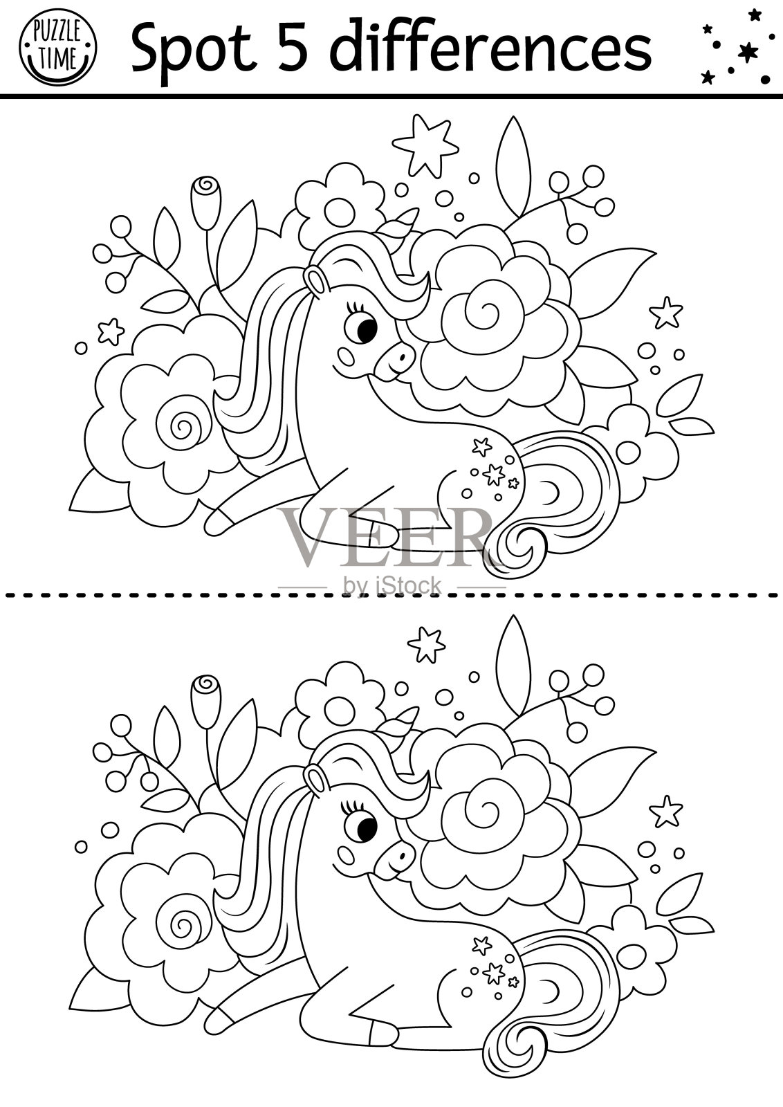 独角兽黑白找差异游戏。童话线活动与坐马与角与花的背景。可爱的涂色页拼图与有趣的幻想人物的孩子插画图片素材