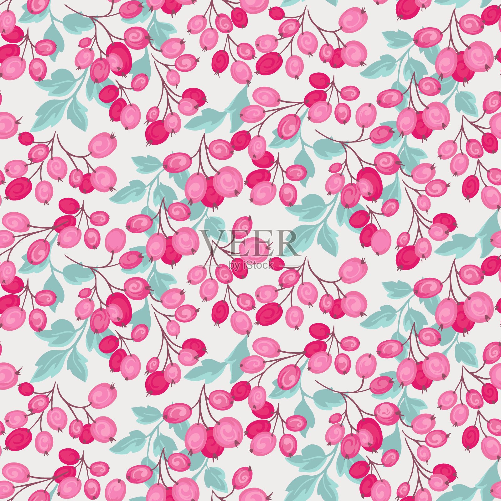 抽象艺术的树枝与粉红色的形状浆果，叶子无缝图案。植物创意杜松，黄杨木，豆荚，小檗插图印刷。矢量手绘。拼贴设计;插画图片素材