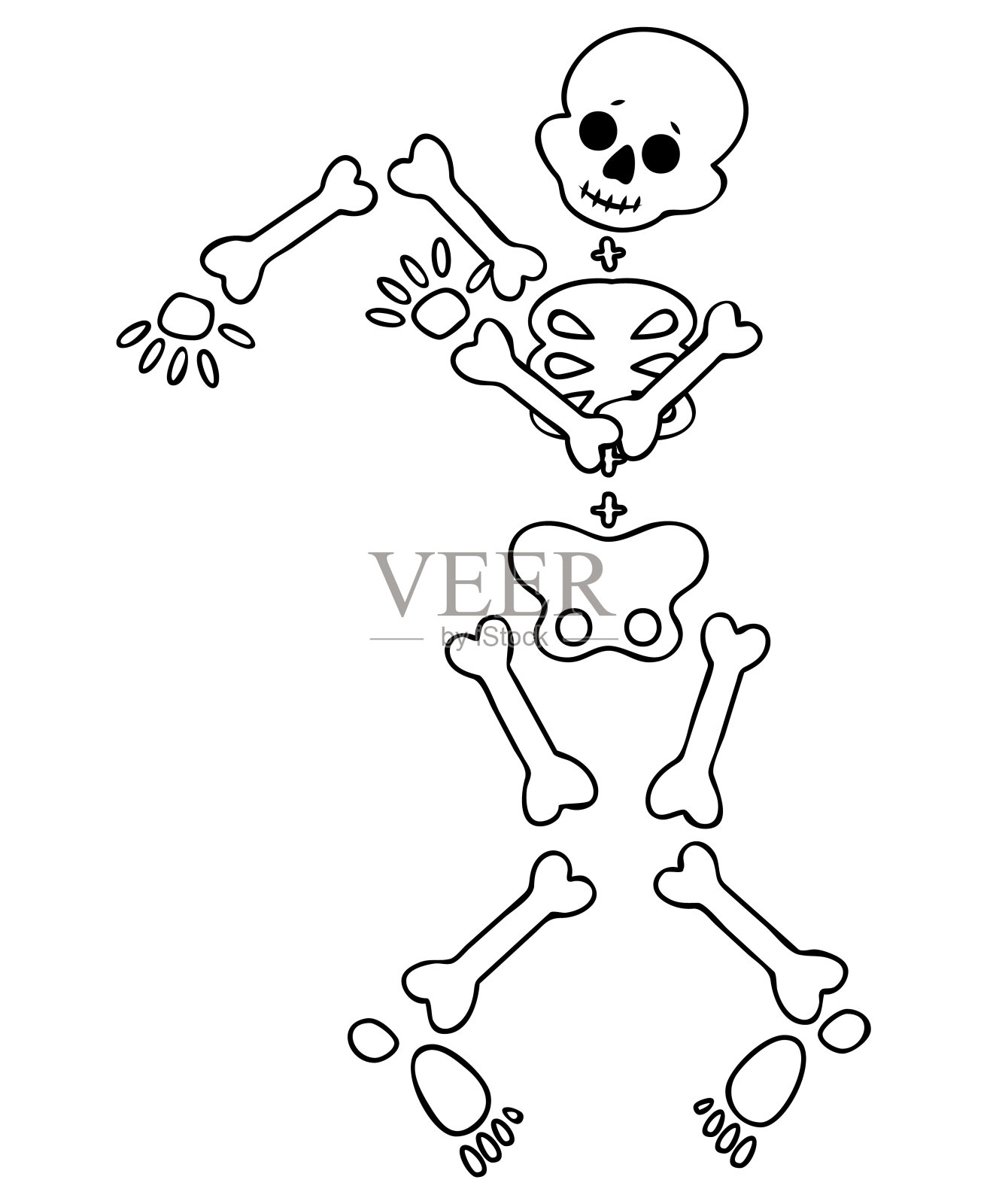 有趣的卡通跳舞骷髅。万圣节可爱的图案。简历孤立的插图在白色的背景。插画图片素材