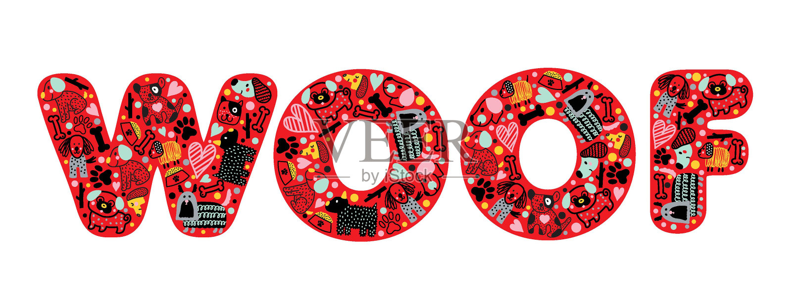 短语woof是由卡通狗、骨头和爪印组成的。插画图片素材