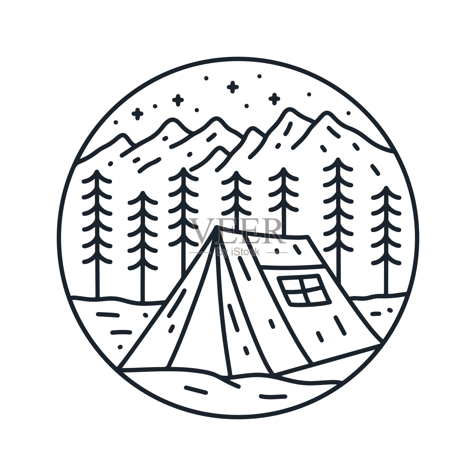 简单的单线矢量在野外森林的山下露营帐篷插画图片素材