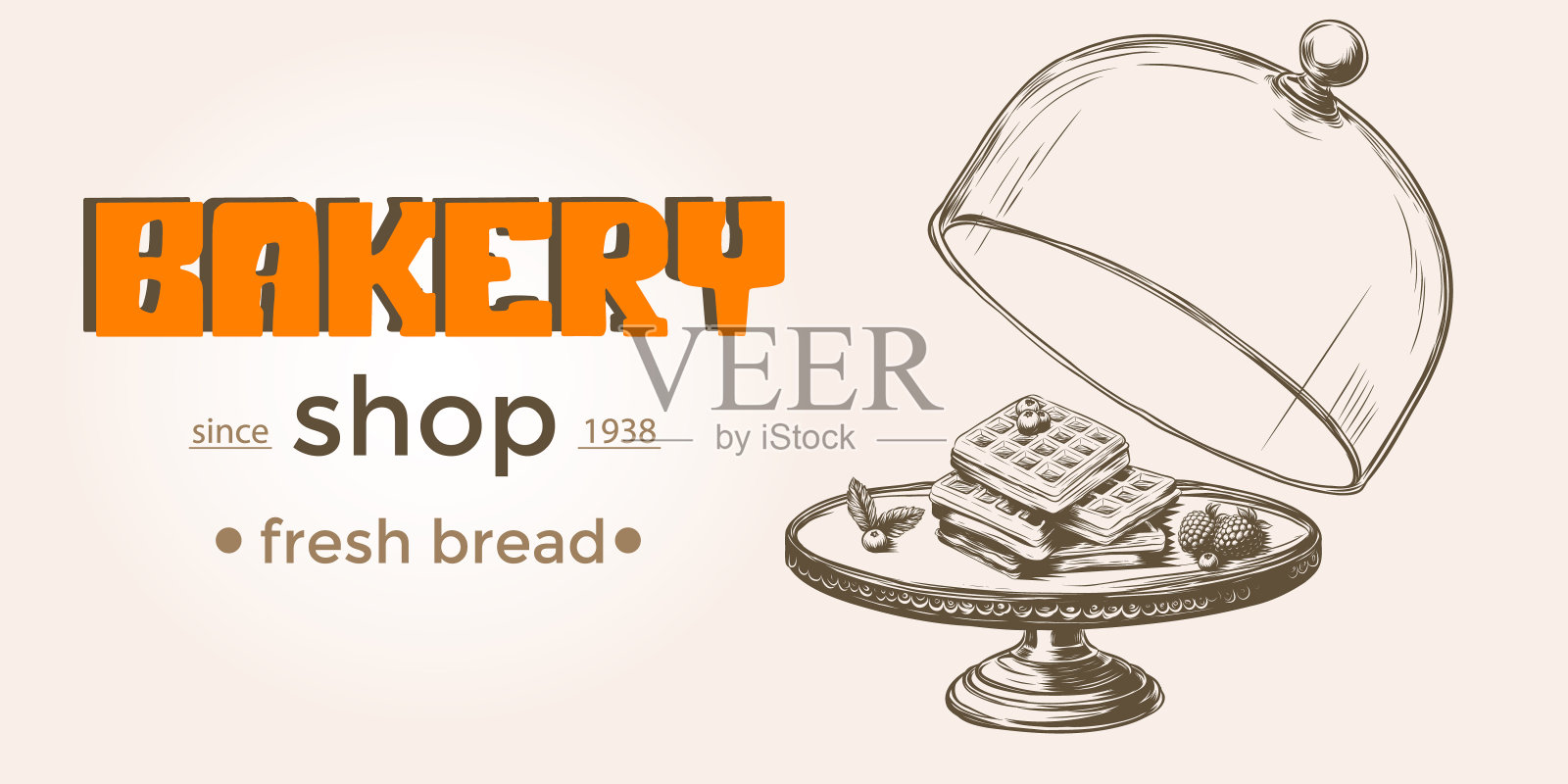 玻璃盖下蛋糕架上雕刻的华夫饼。手绘早餐华夫饼草图。甜点烤面团。美味的食物。复古矢量线插图面包店海报，横幅，菜单设计。插画图片素材